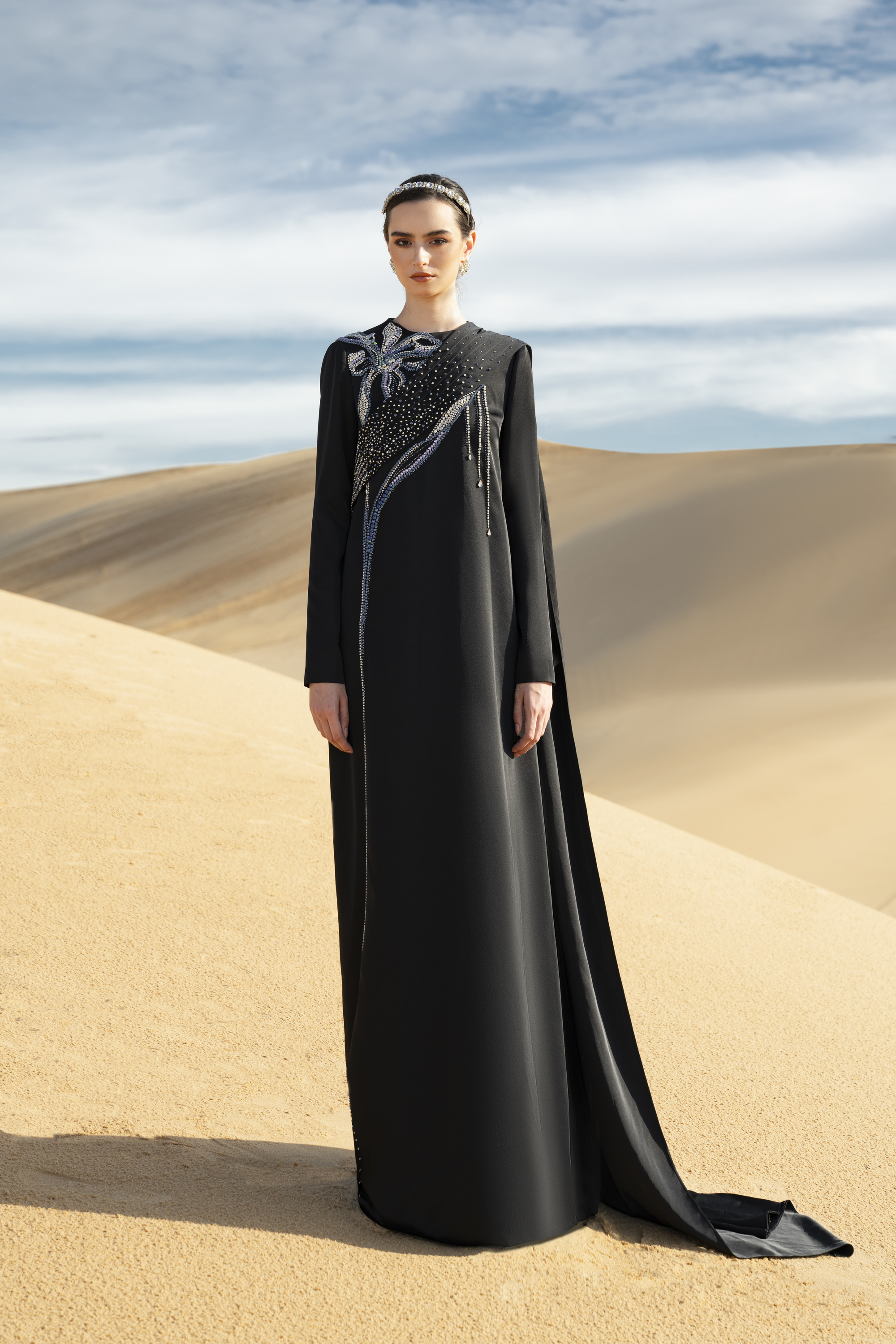 Antonia Straight Long Sleeved Taffeta Silk Maxi Dress