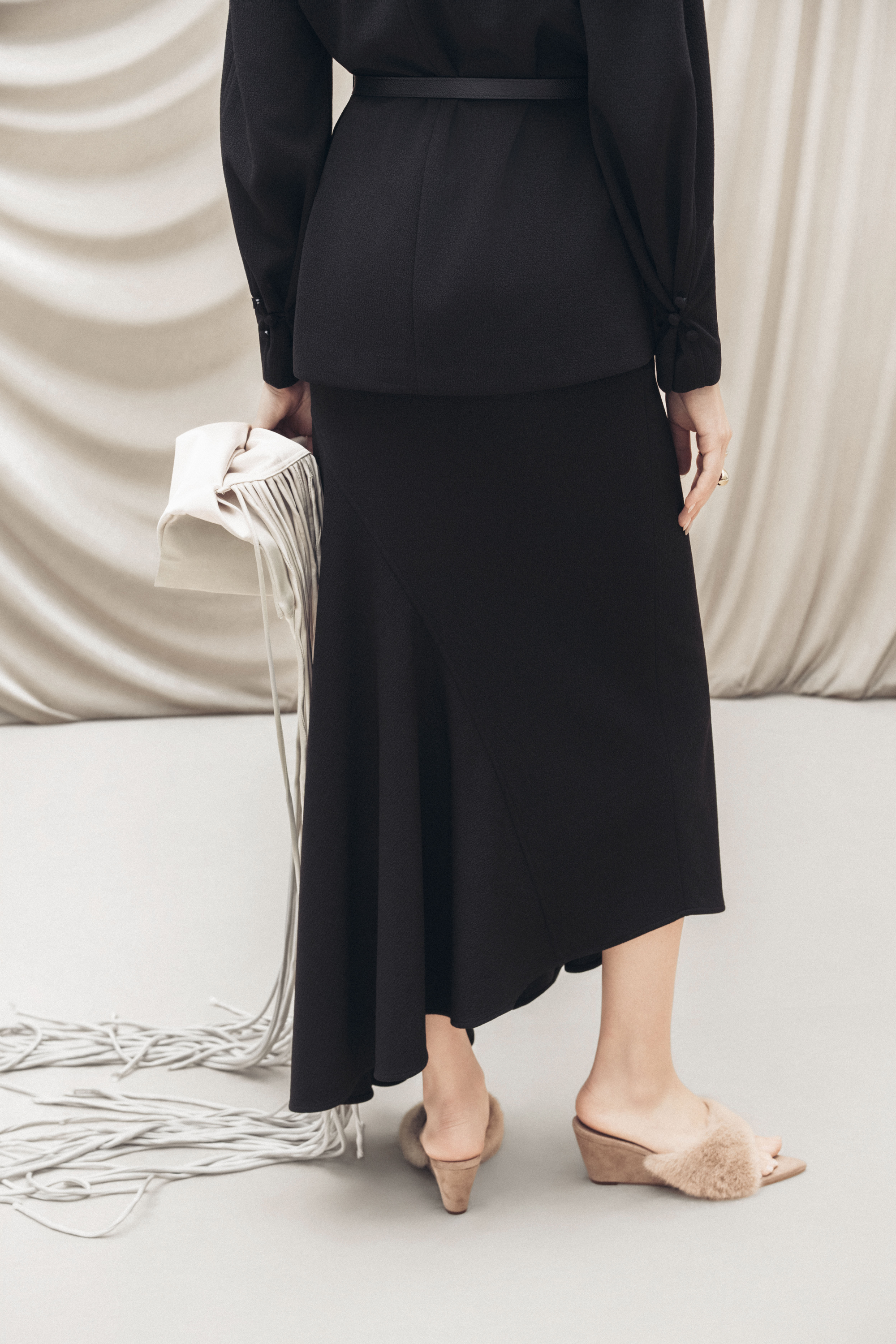 Asymmetric Bow Wrap Coat & Cut Midi Skirt in Black