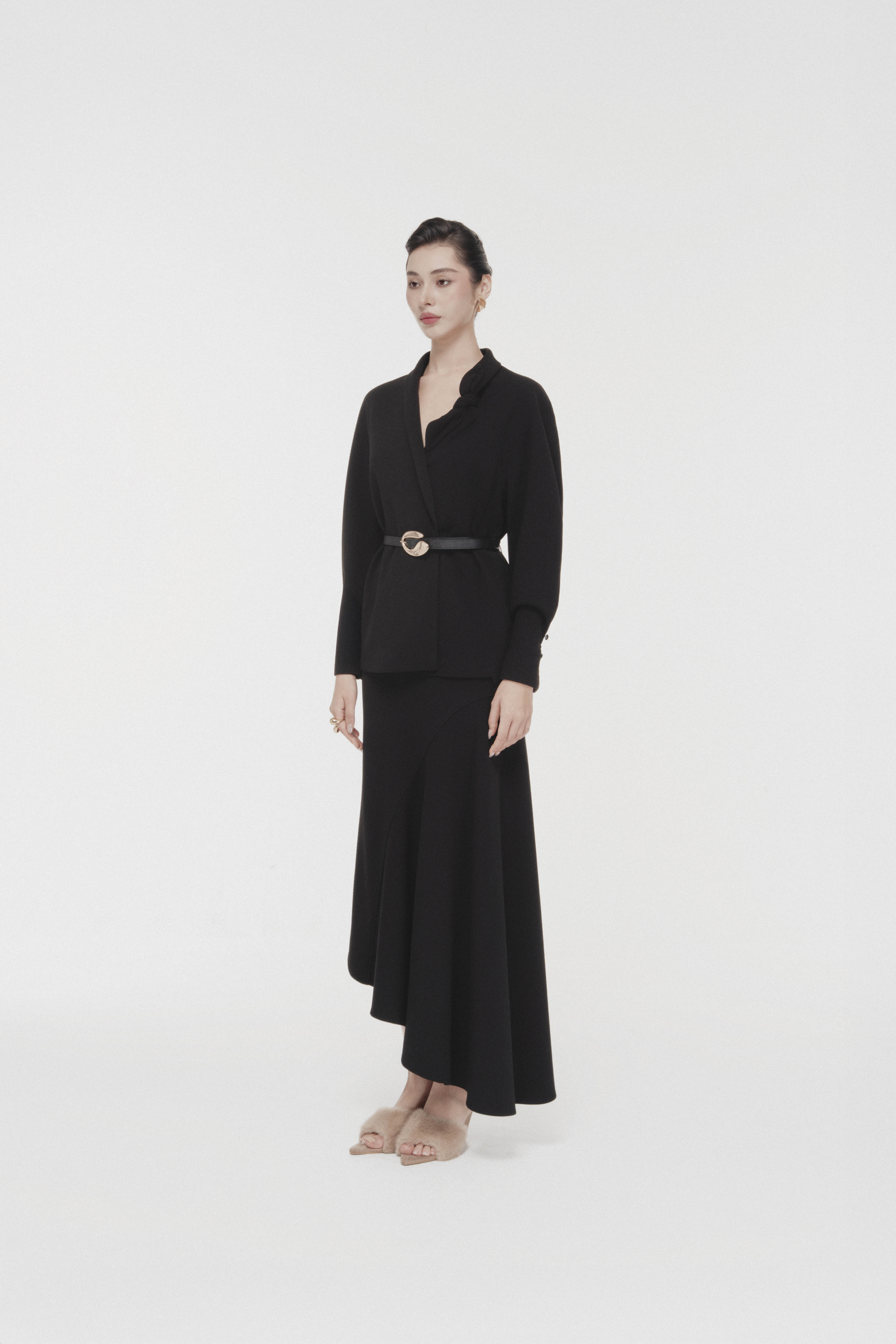 Asymmetric Bow Wrap Coat & Cut Midi Skirt in Black