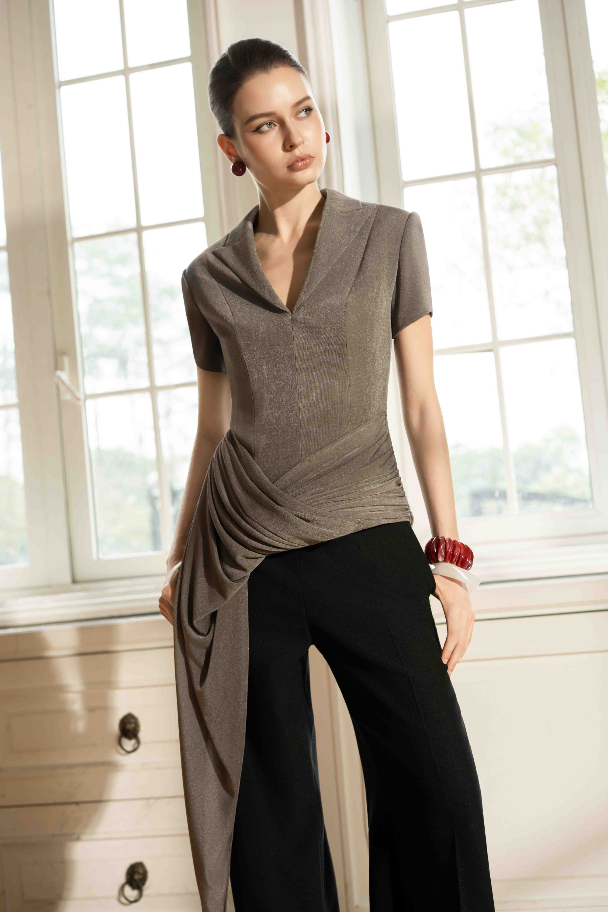 Asymmetric Draped V-Neck Blazer in Ash