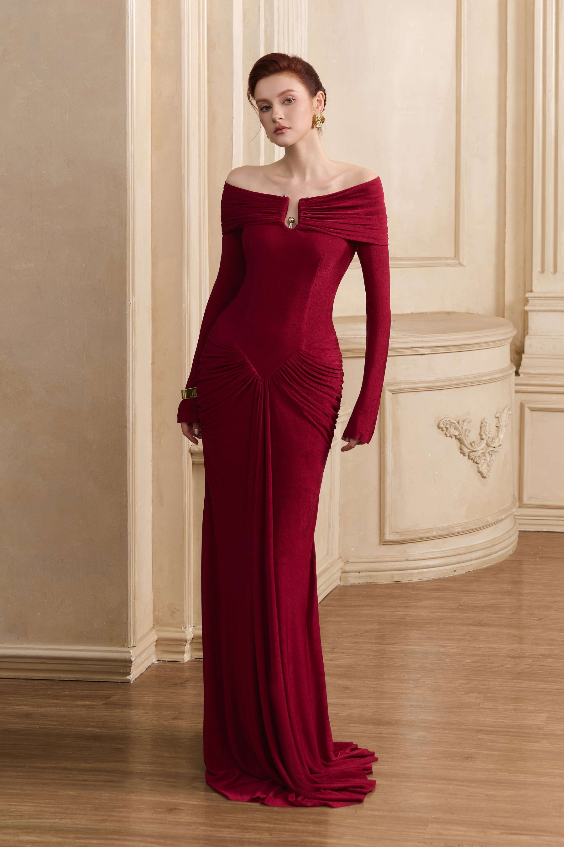 Athena Off Shoulder Draped Maxi Gown