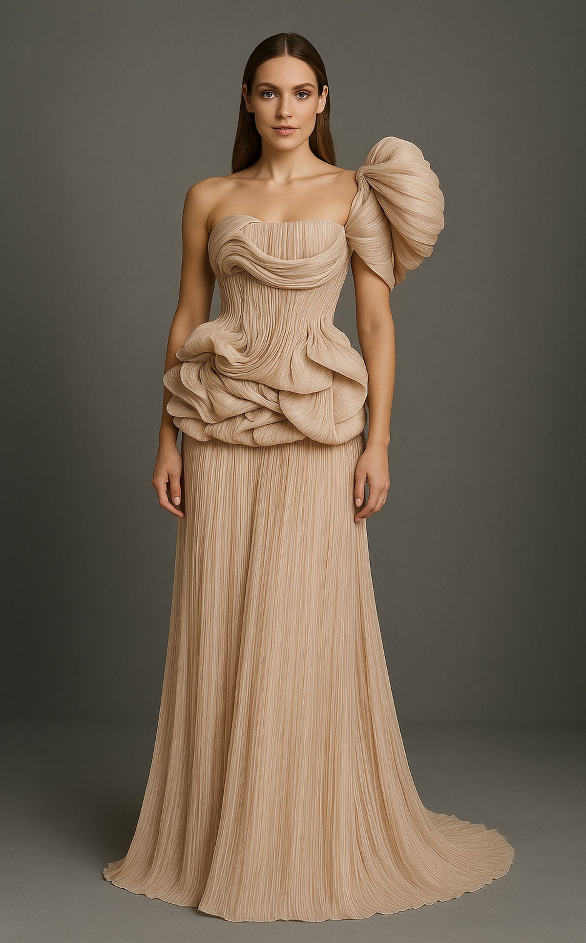 Beige Chiffon Gown with Asymmetric Ruffle B1181