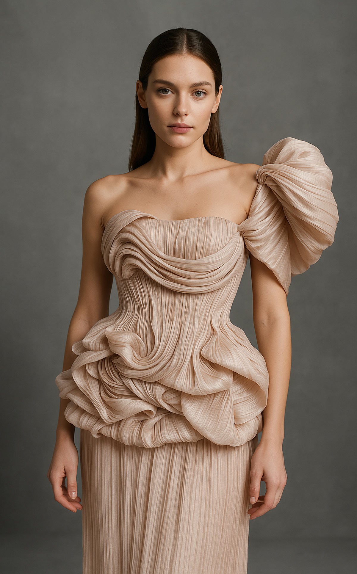 Beige Chiffon Gown with Asymmetric Ruffle B1181