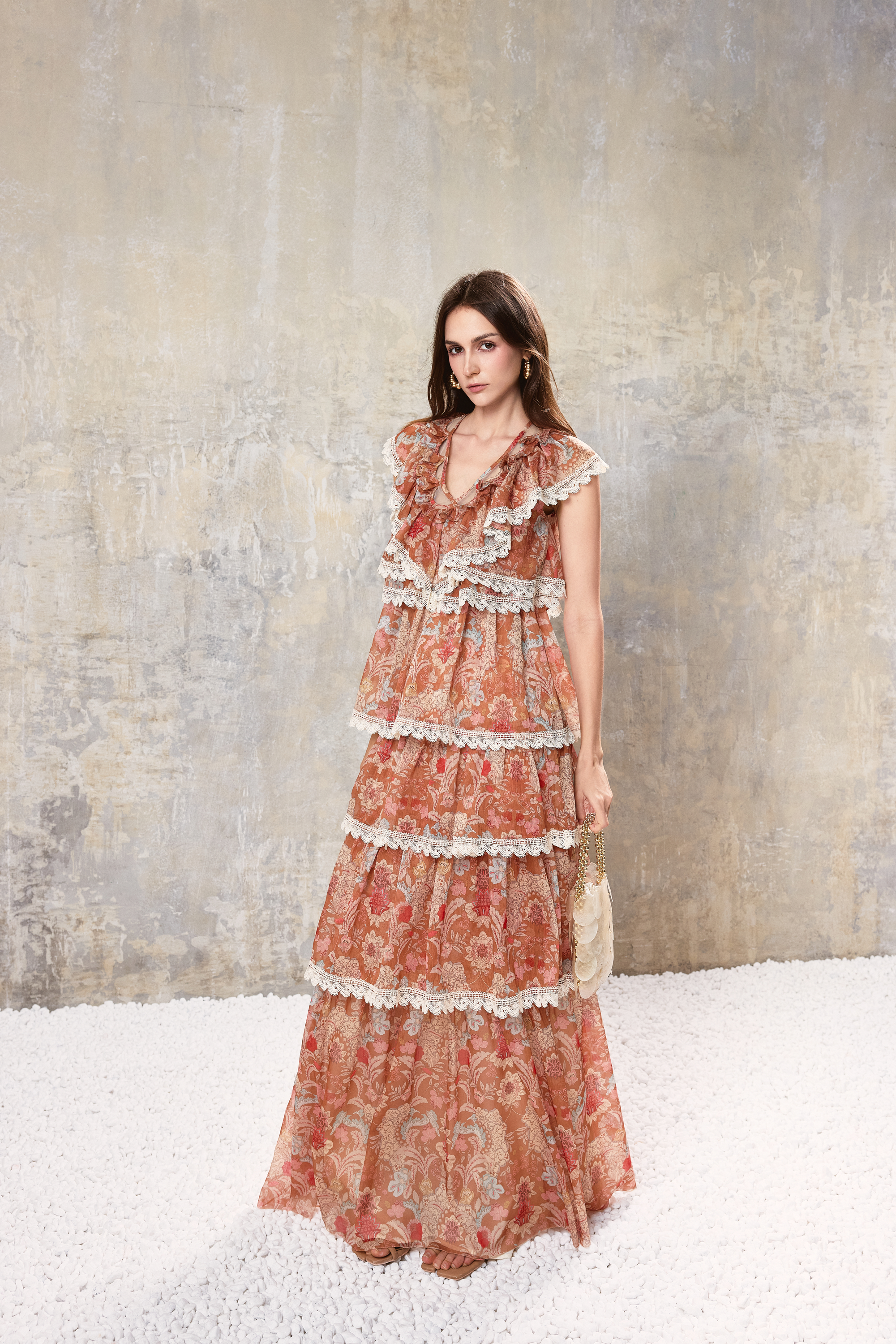 Baroque Lace Tiered Maxi Dress