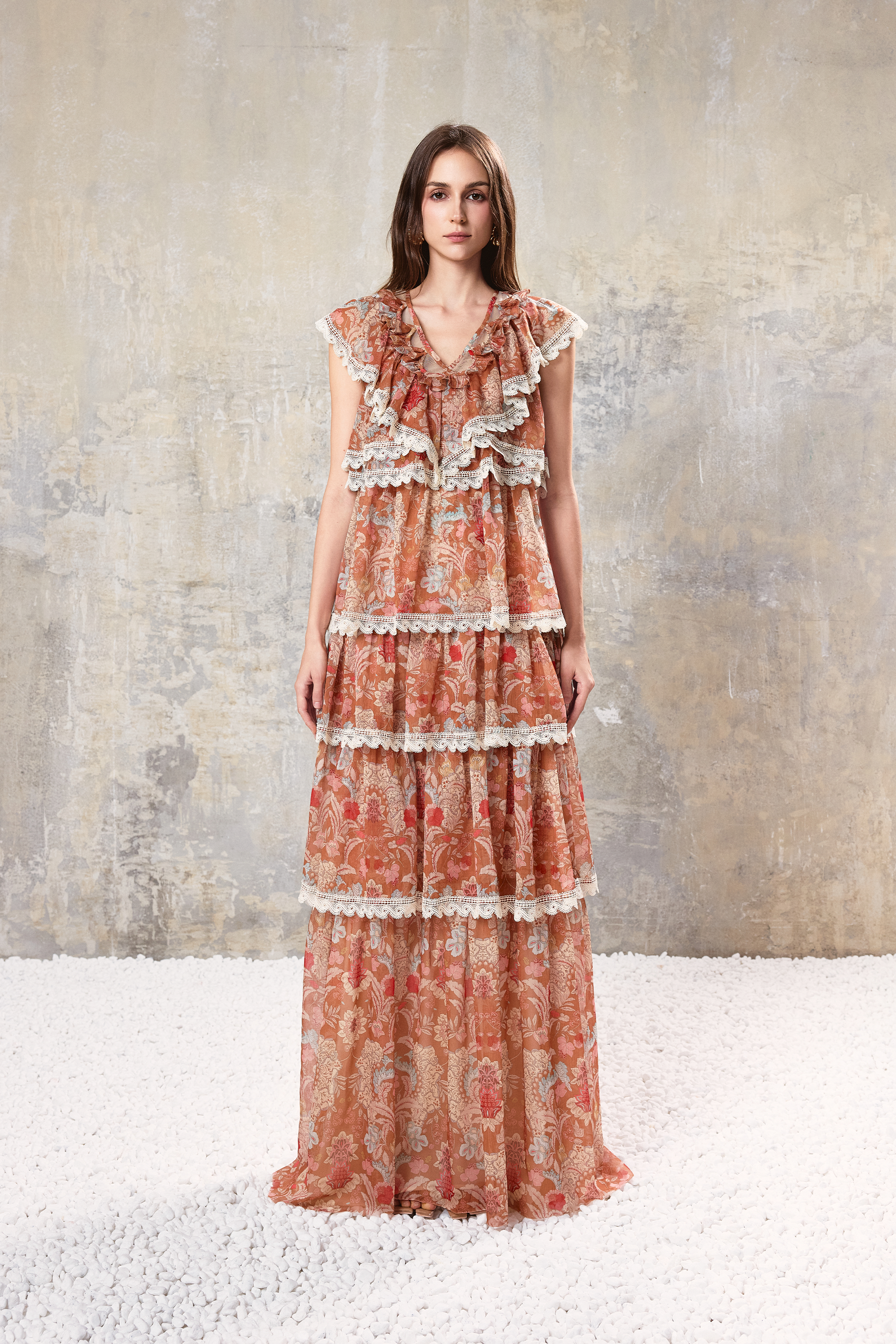 Baroque Lace Tiered Maxi Dress