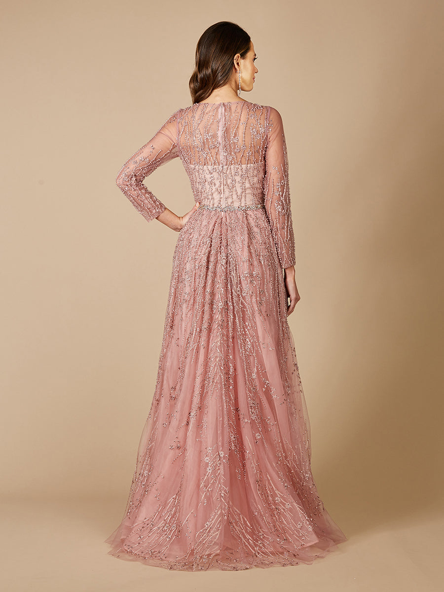 Beaded Lace Overskirt Ballgown with Long Sleeves 29782
