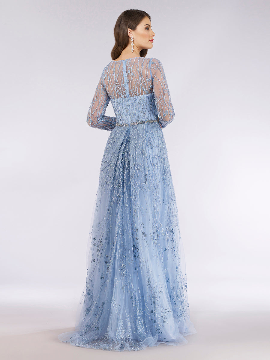 Beaded Lace Overskirt Ballgown with Long Sleeves 29782