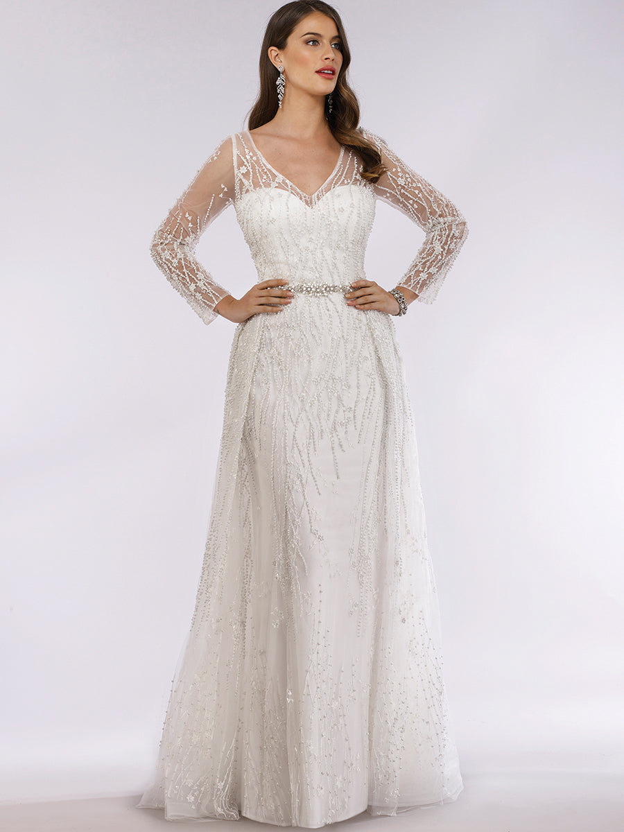 Beaded Lace Overskirt Ballgown with Long Sleeves 29782
