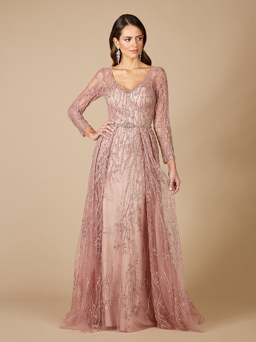 Beaded Lace Overskirt Ballgown with Long Sleeves 29782