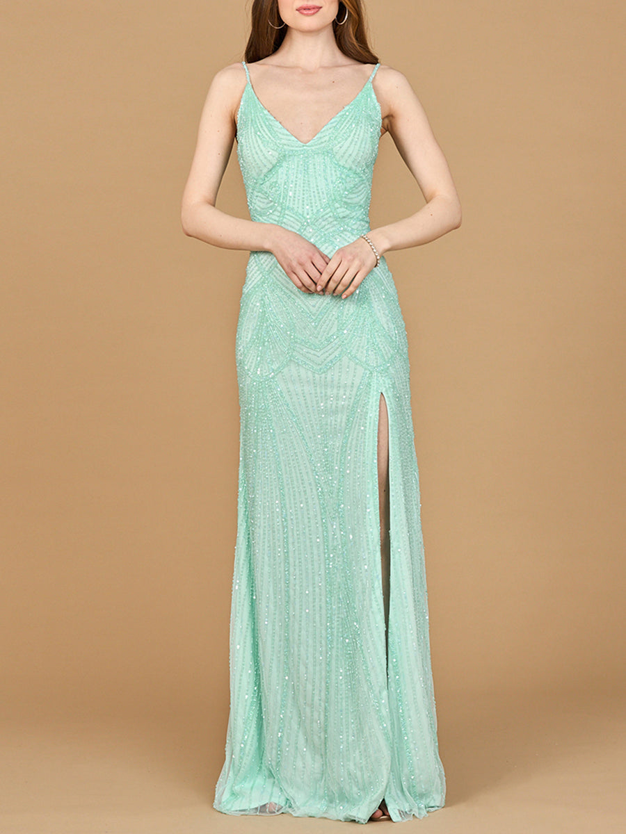 Beaded Lace-up Dress with Slit 9926