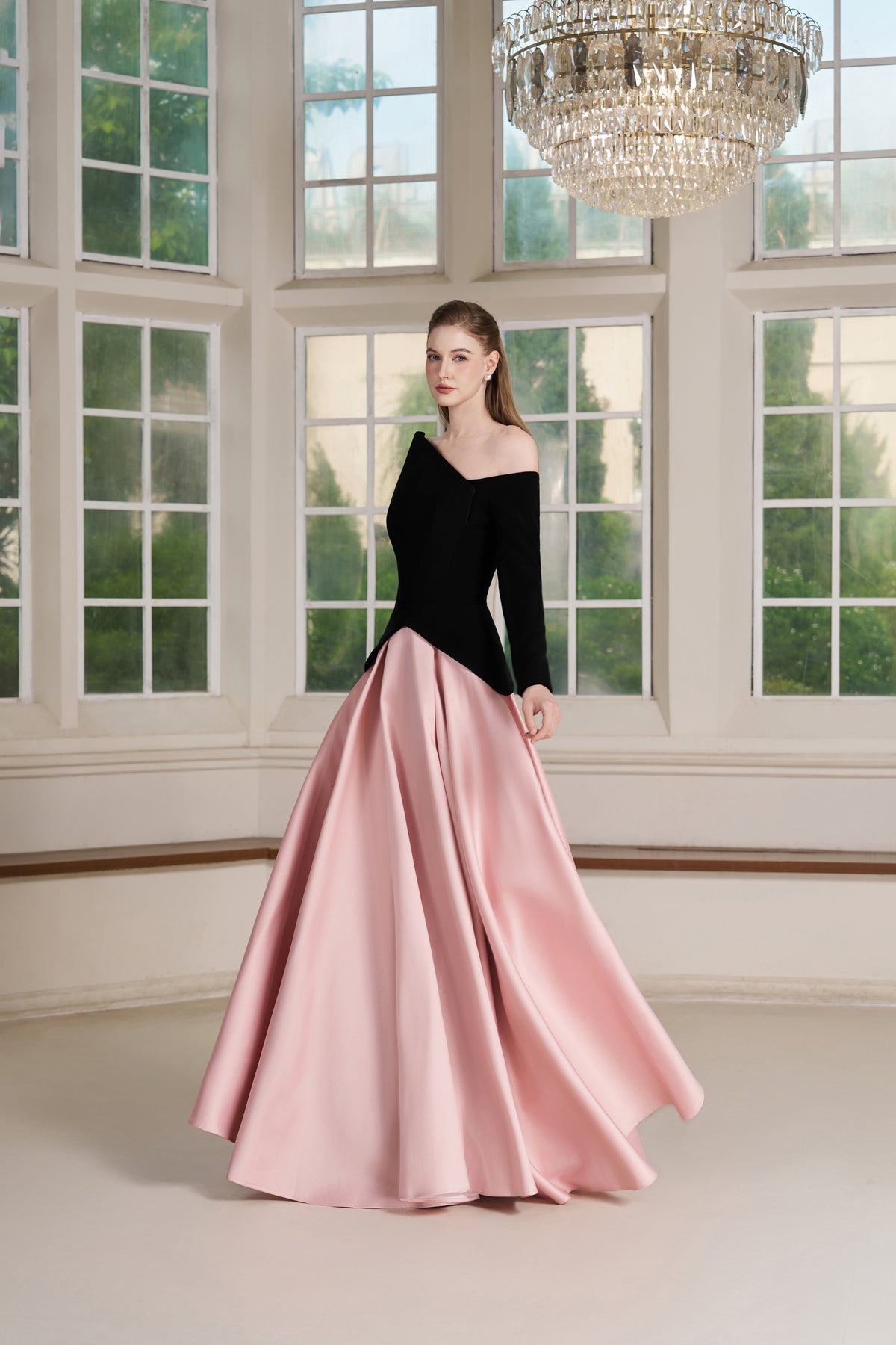 Belle Dress – Asymmetric Off-Shoulder Two-Tone Evening Gown