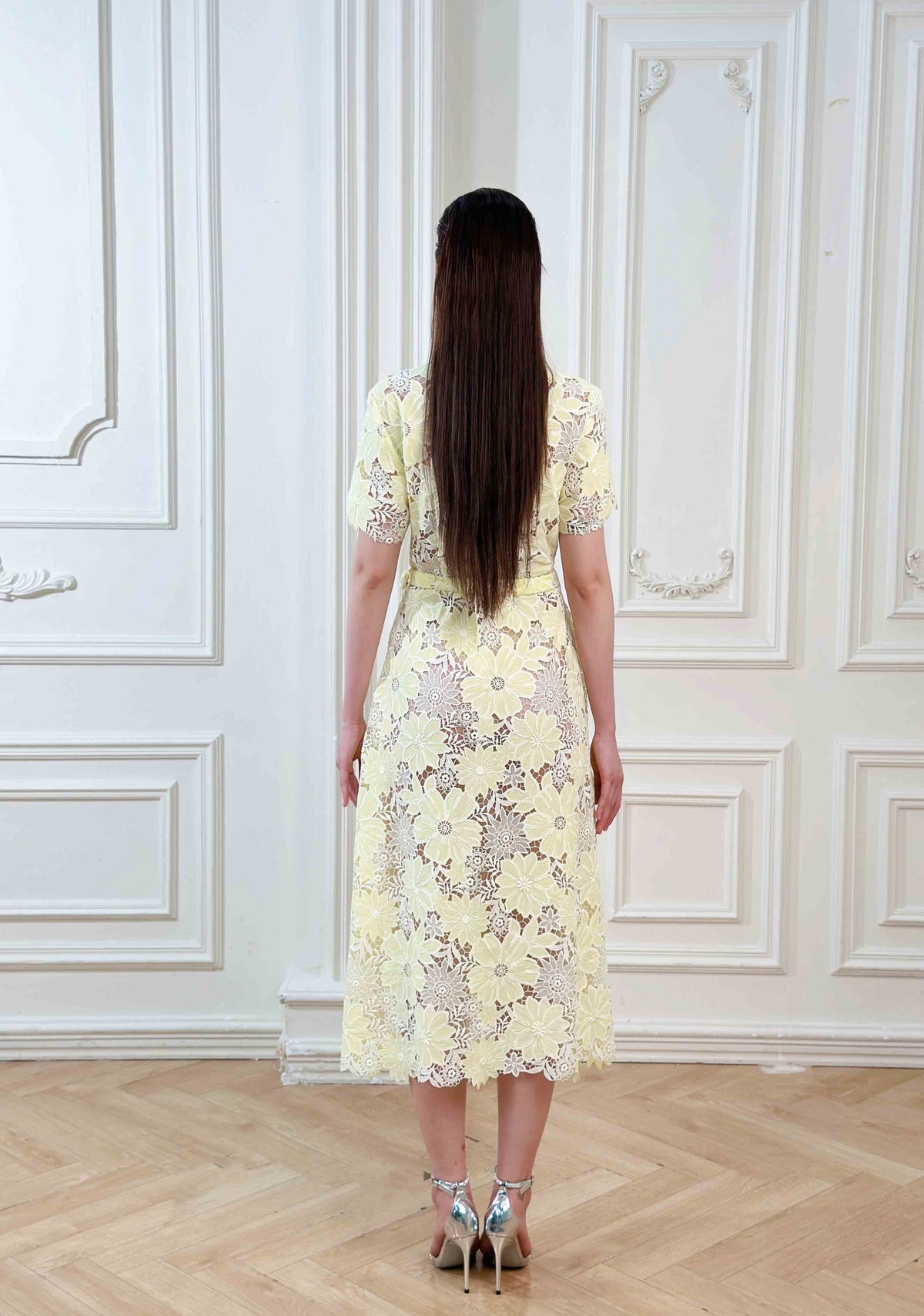 Belted Floral-Lace Shirt Midi Dress – Honey Yellow