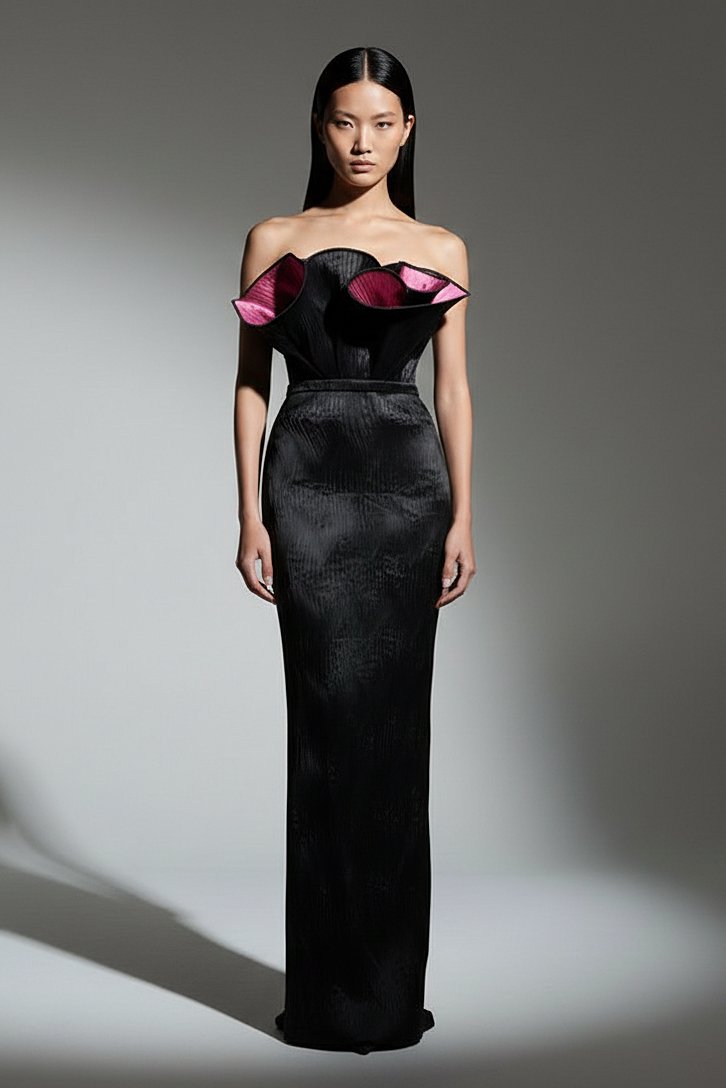 Black Strapless Column Gown with Fuchsia Petal Detail - N0704