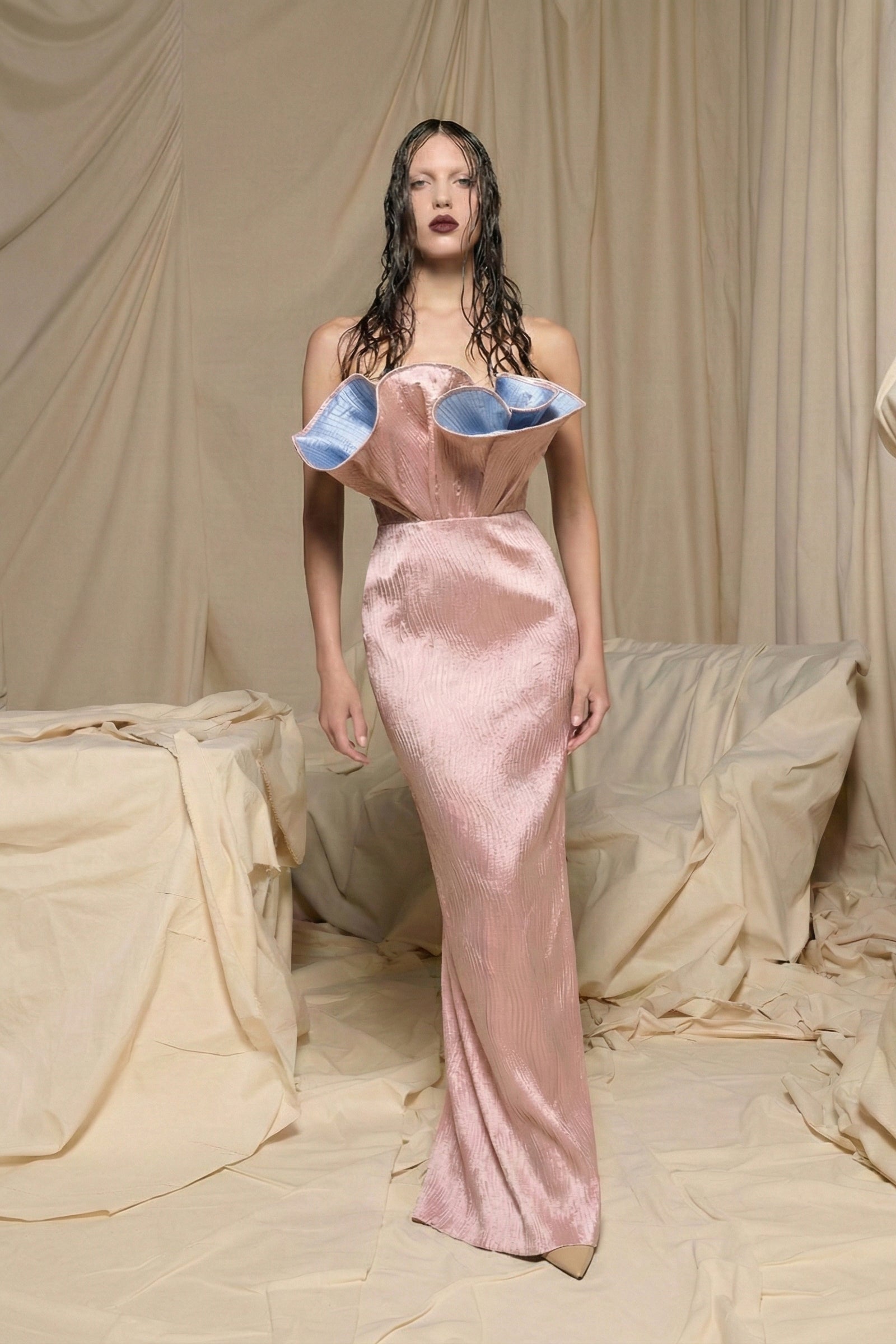 Black Strapless Column Gown with Fuchsia Petal Detail - N0704