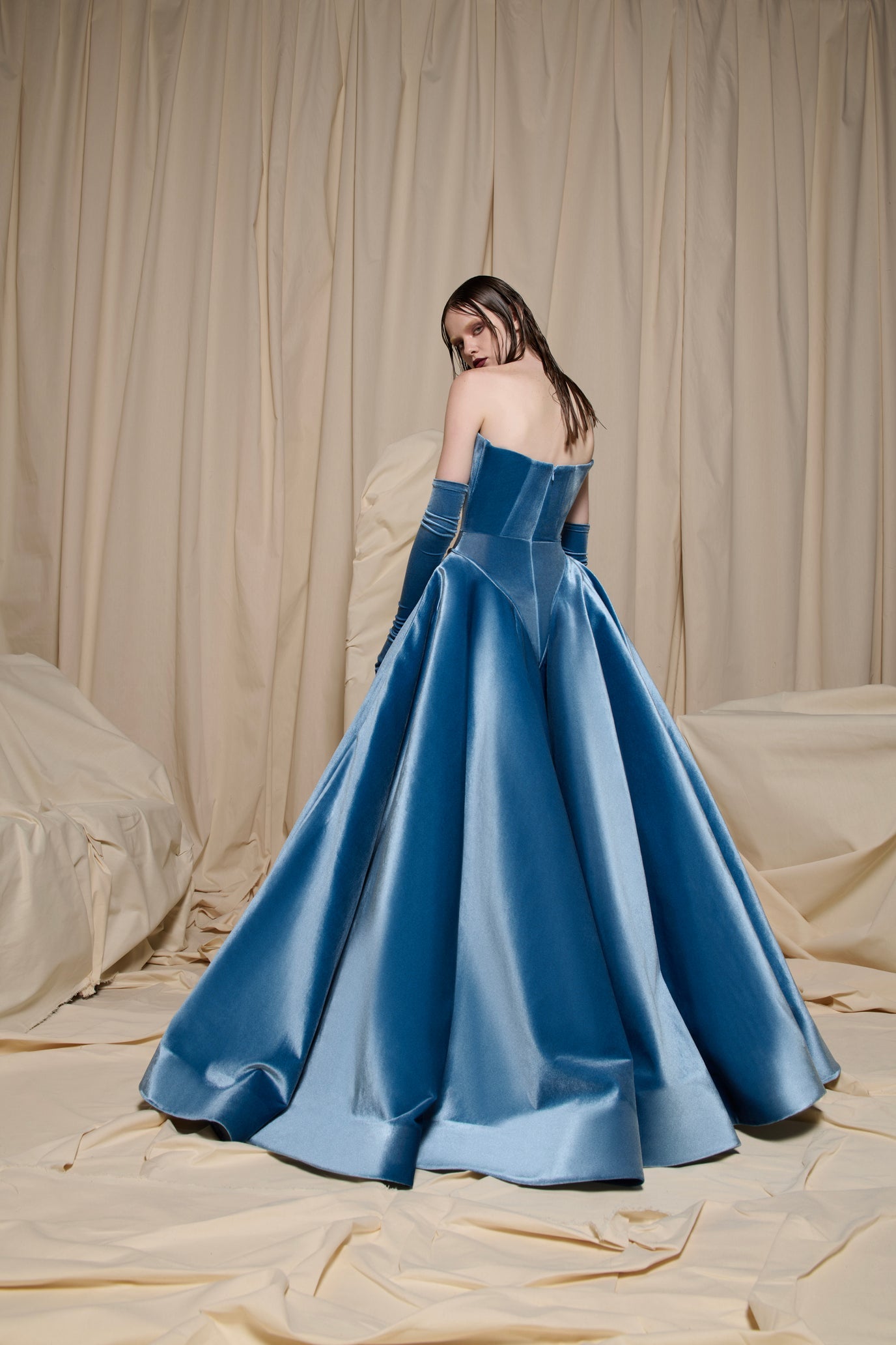 Blue Velvet Strapless Ball Gown N0711