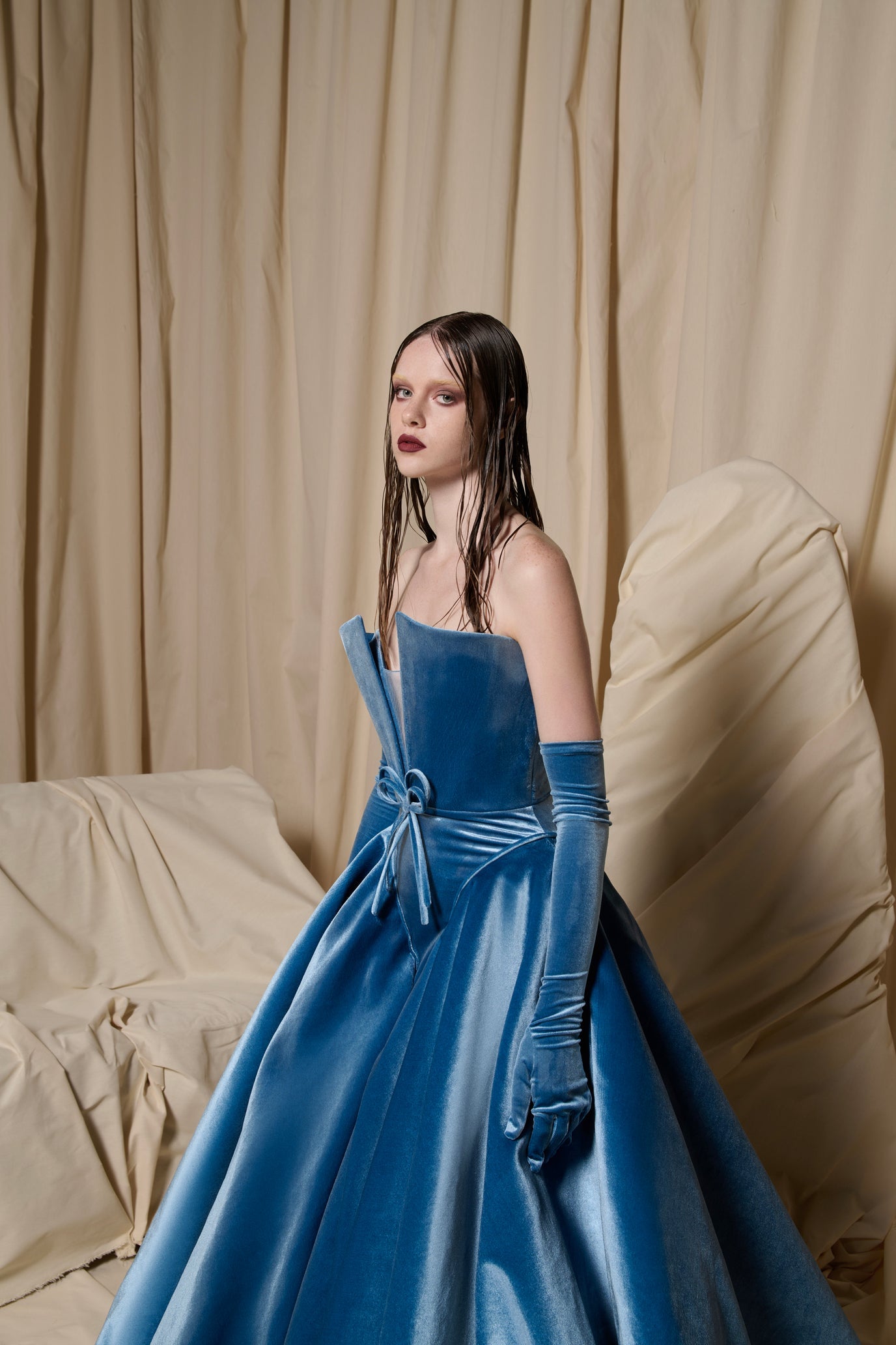 Blue Velvet Strapless Ball Gown N0711