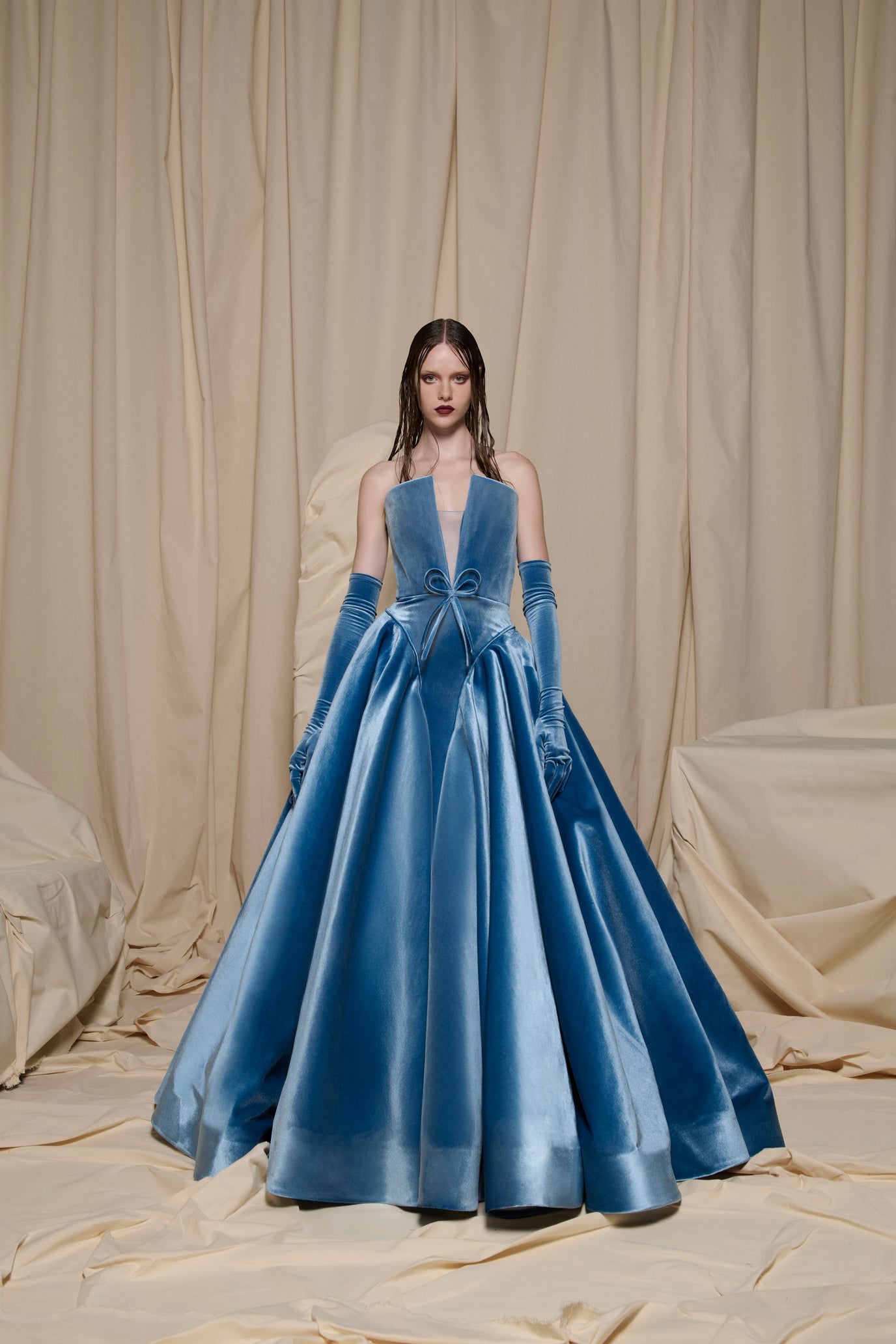 Blue Velvet Strapless Ball Gown N0711