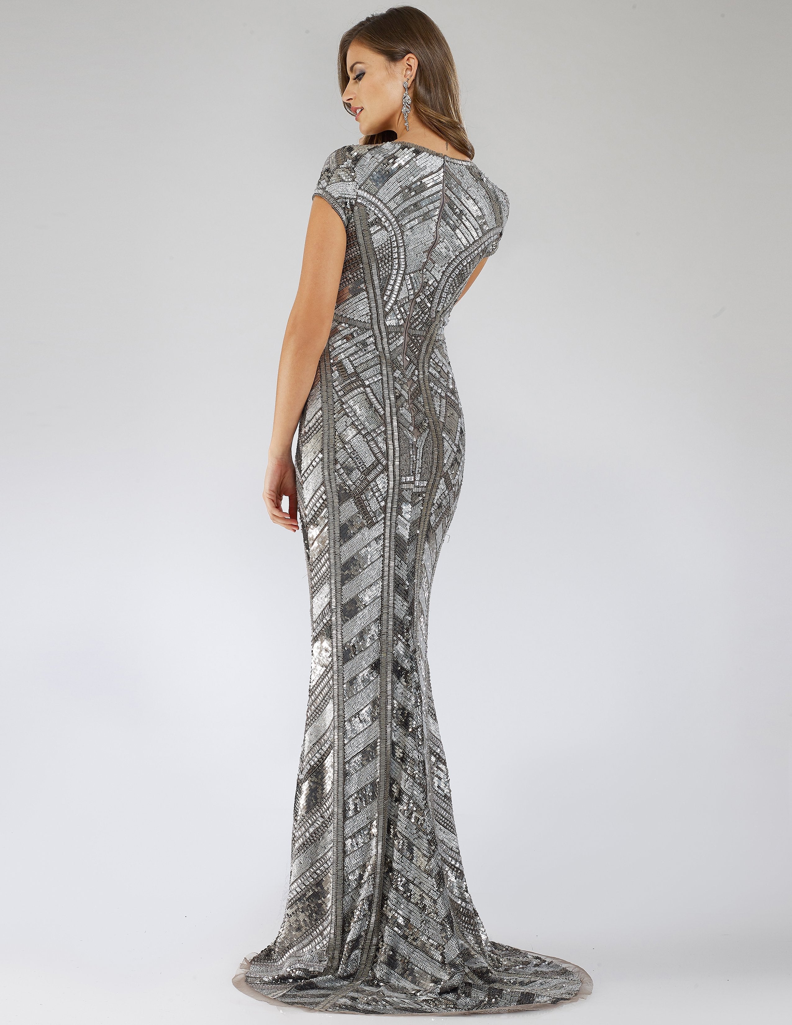 Body Con Beaded Silver Petite Dress with Geometric Pattern 29540