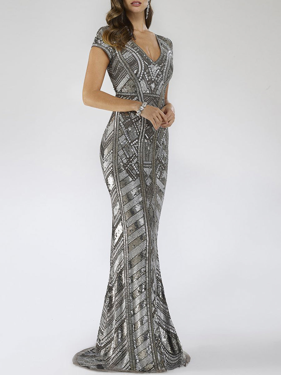 Body Con Beaded Silver Petite Dress with Geometric Pattern 29540