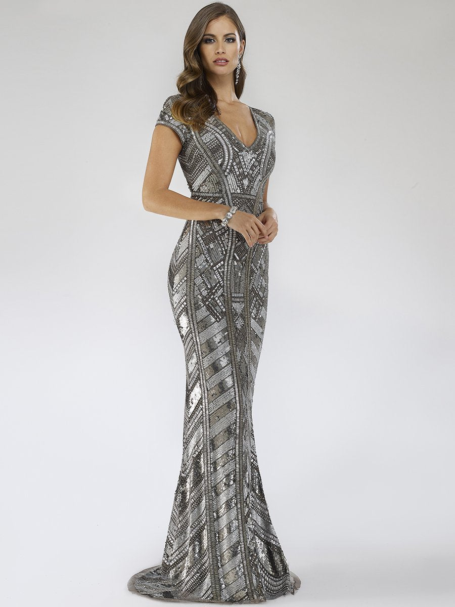 Body Con Beaded Silver Petite Dress with Geometric Pattern 29540