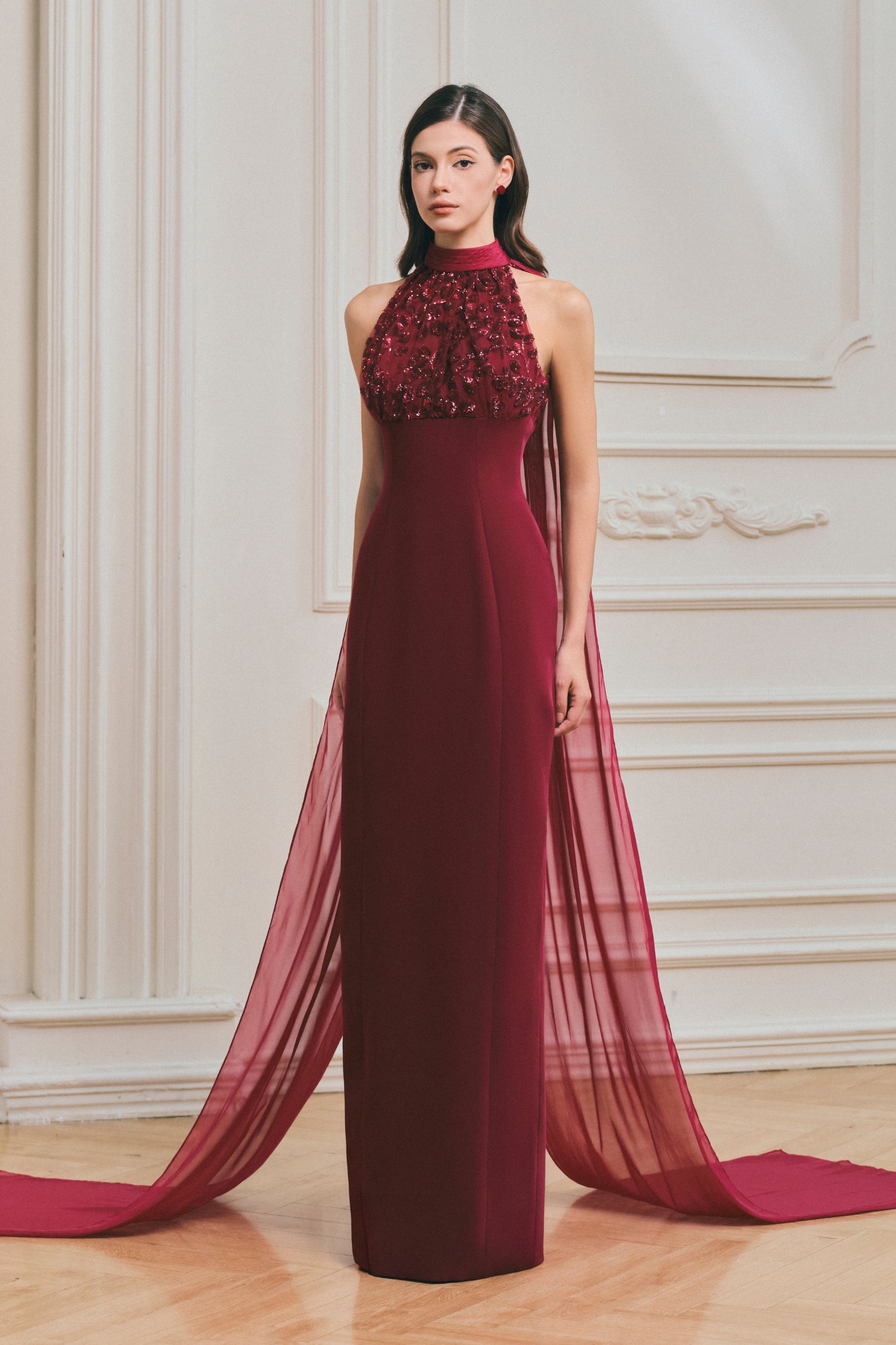 Burgendy Halter Sheer Panel Maxi Dress