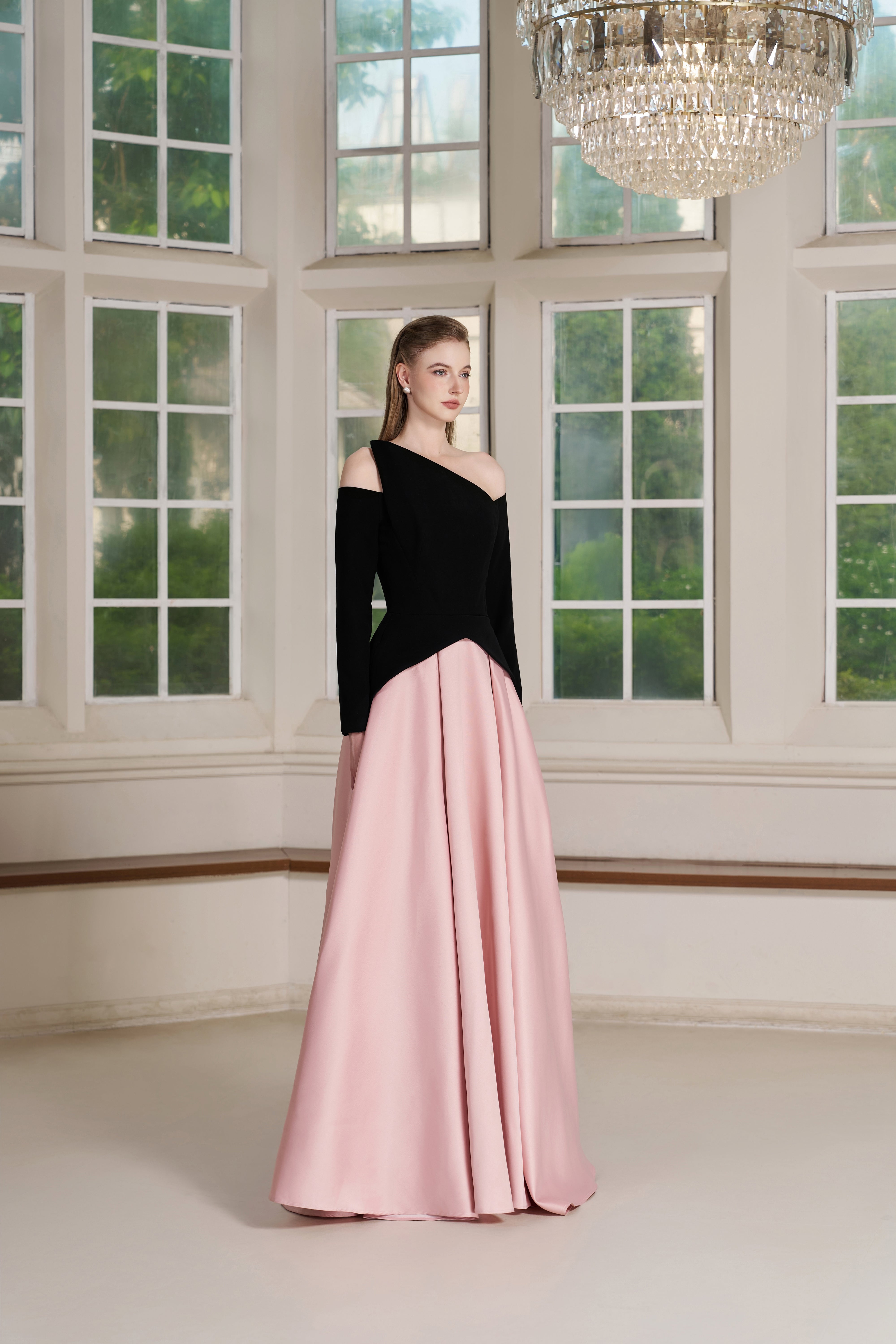 Belle Dress – Asymmetric Off-Shoulder Two-Tone Evening Gown