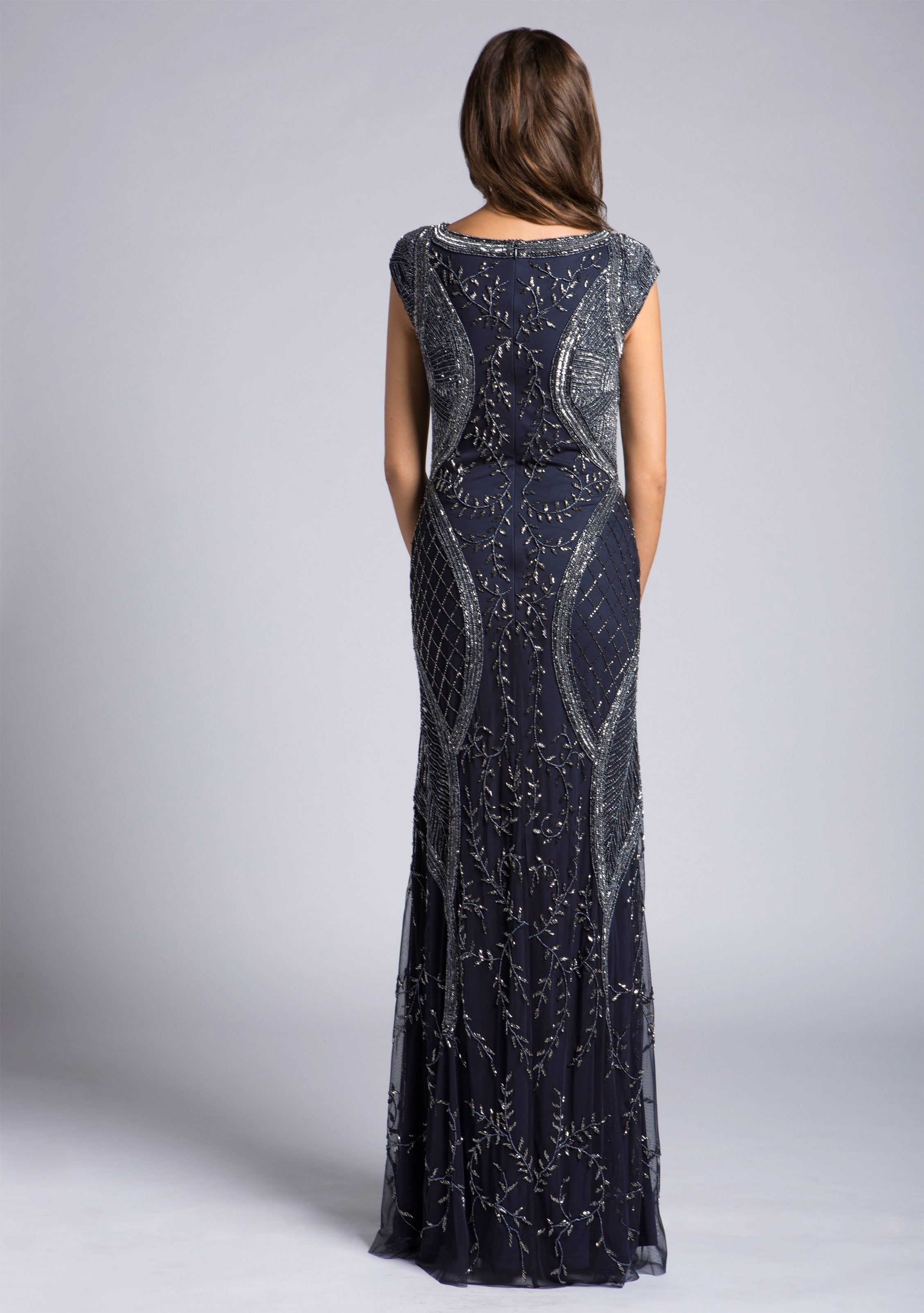 Cap Sleeve Modestly Covered Beaded Evening Dress 33609
