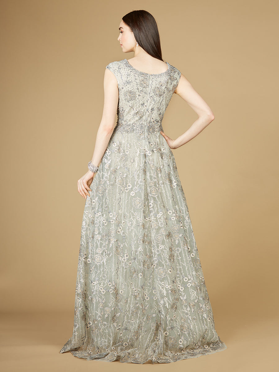 Cap Sleeve V-Neck Lace A-line Gown 29236