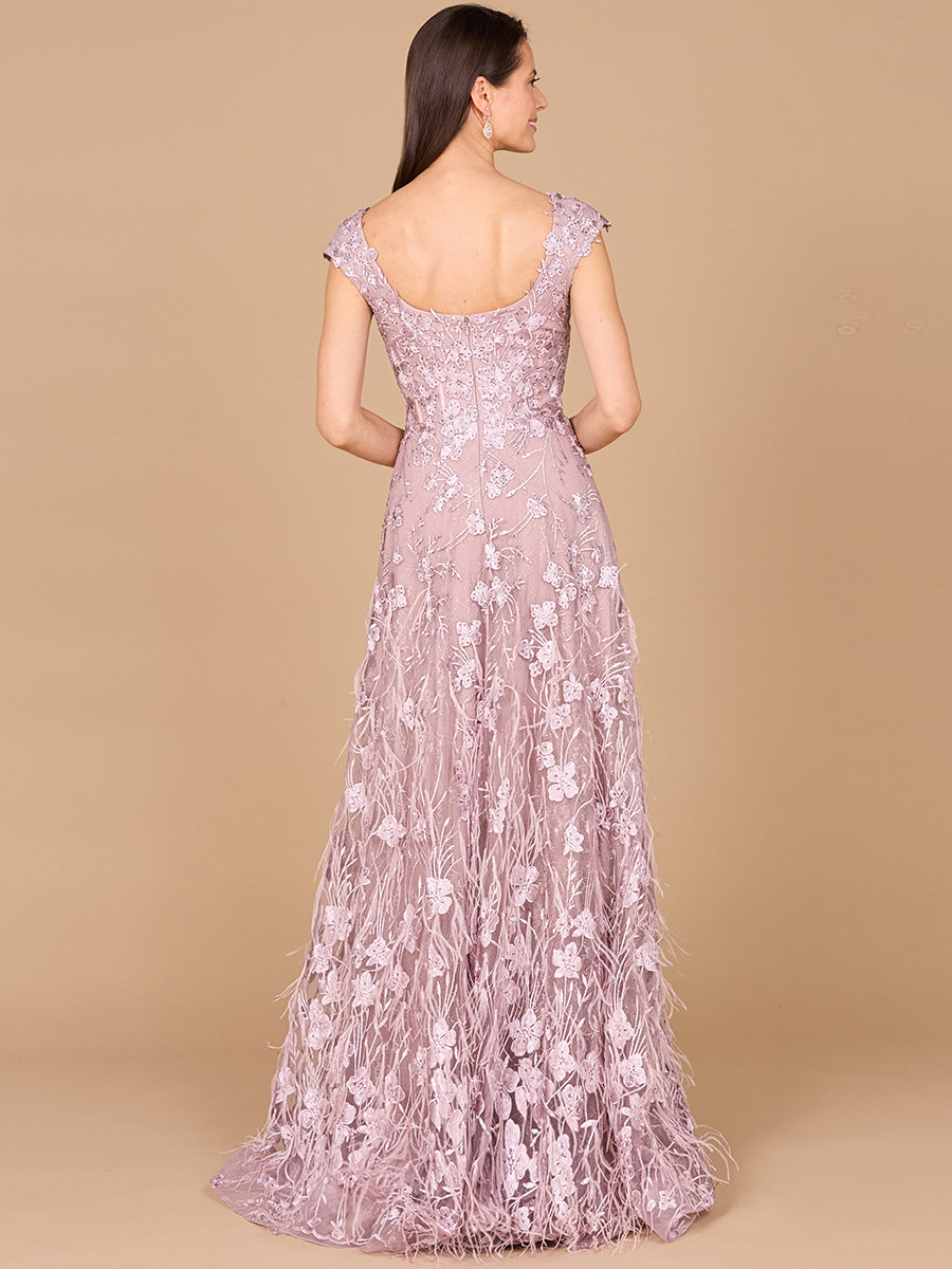 Cap Sleeves, A-line Dress with Feathers 28986