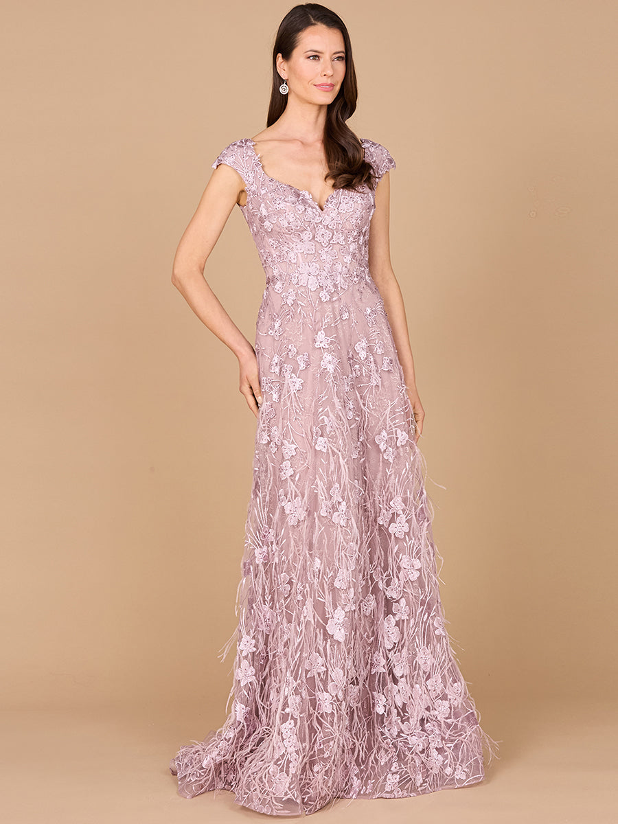 Cap Sleeves, A-line Dress with Feathers 28986
