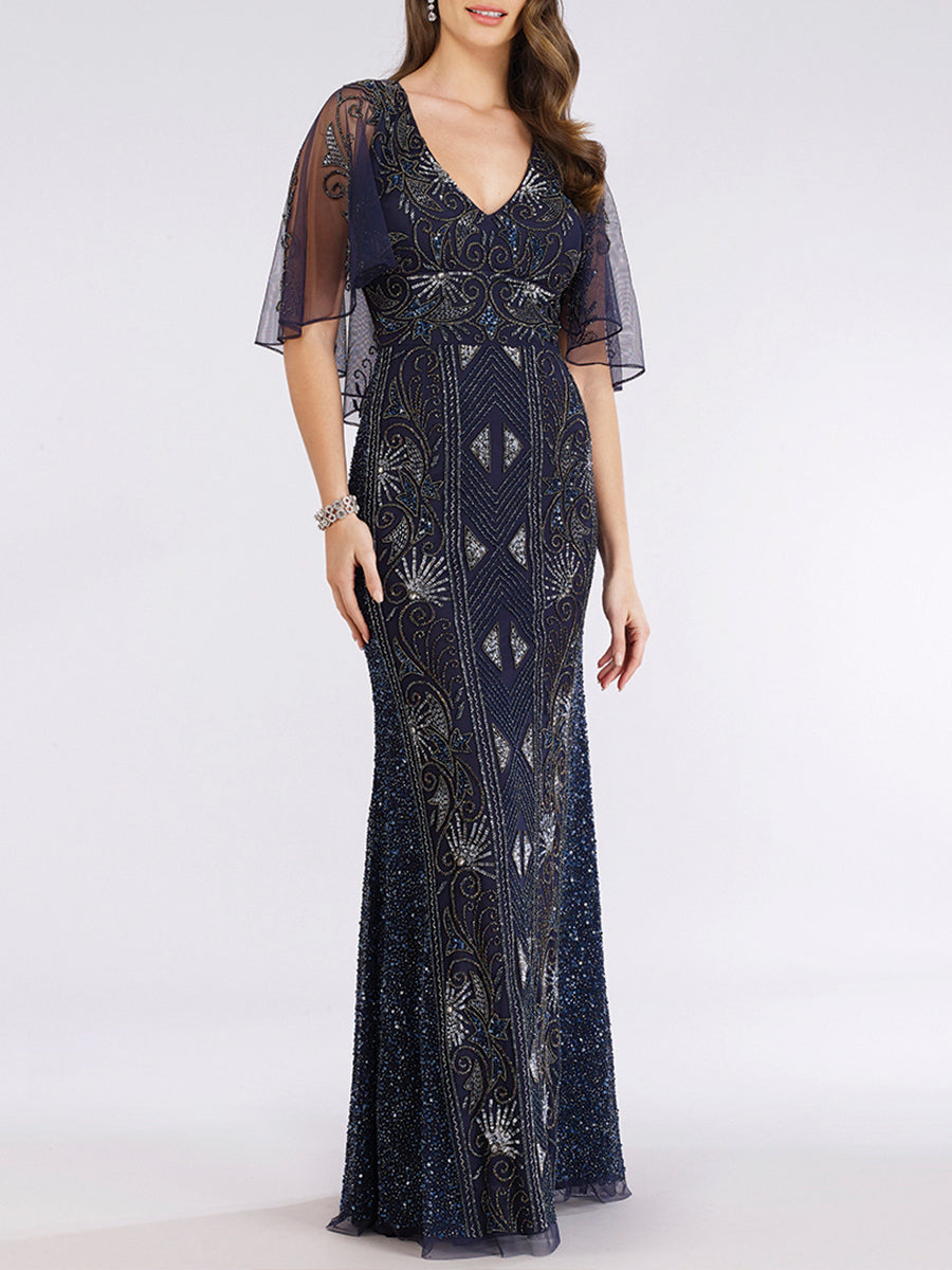Cape Sleeve Beaded Evening Gown with Modest Coverage 29393