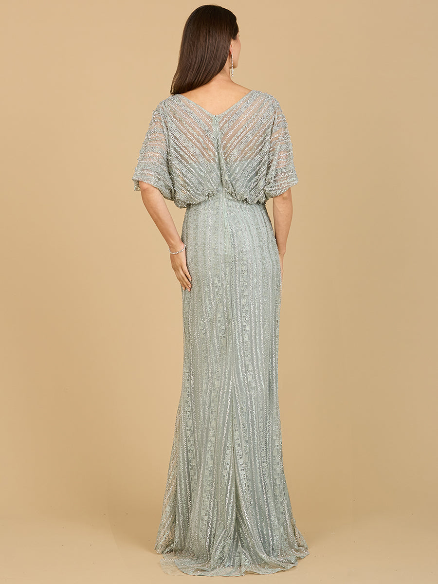 Cape Sleeve V-Neck Gown with Geometric Beading 29207