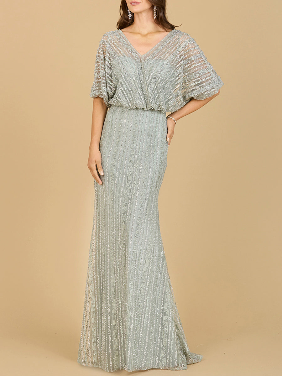 Cape Sleeve V-Neck Gown with Geometric Beading 29207
