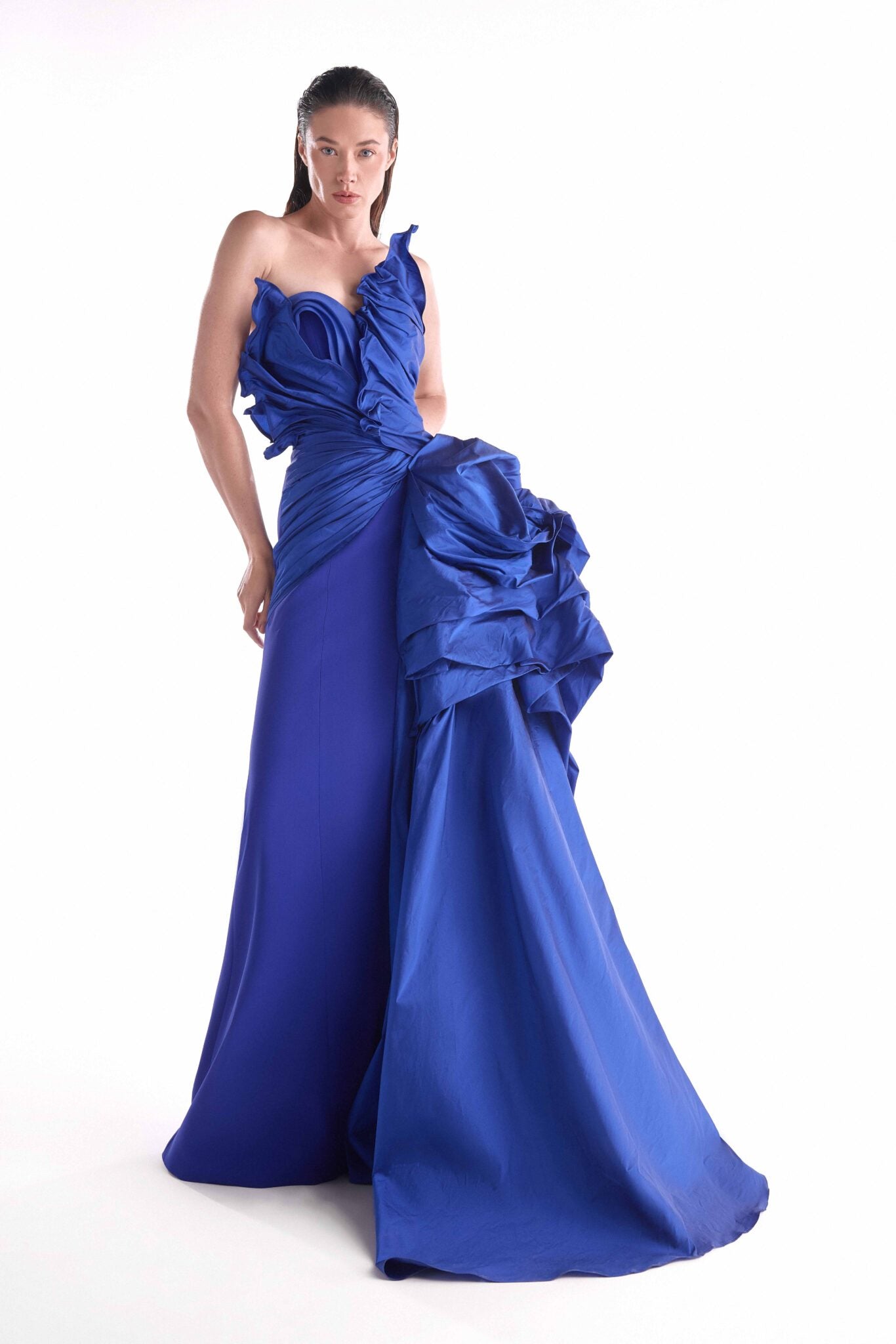 Cascading Sculptural Taffeta Gown, Ruched Royal Blue bodice G2148