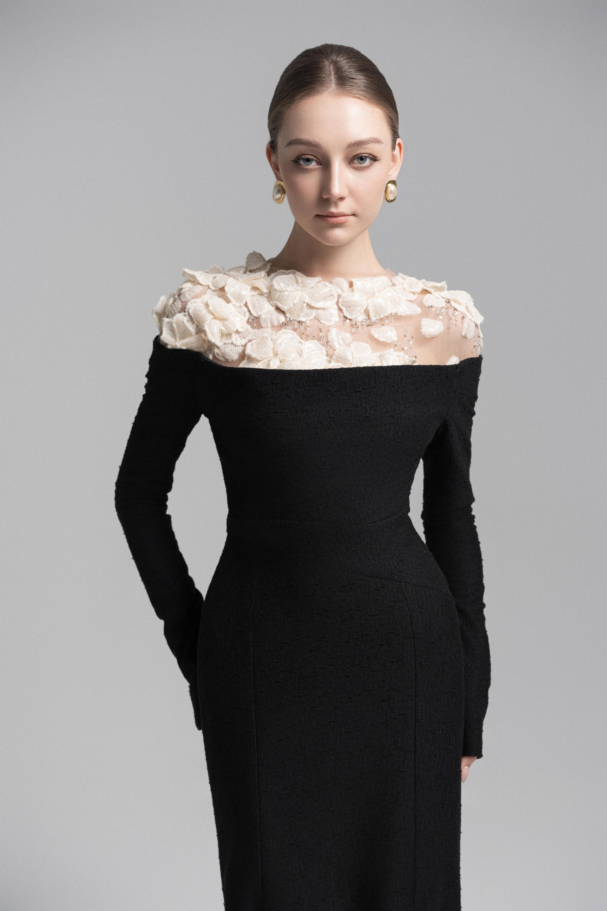Celestia Draped Crystal Midi Dress in Black VL1018