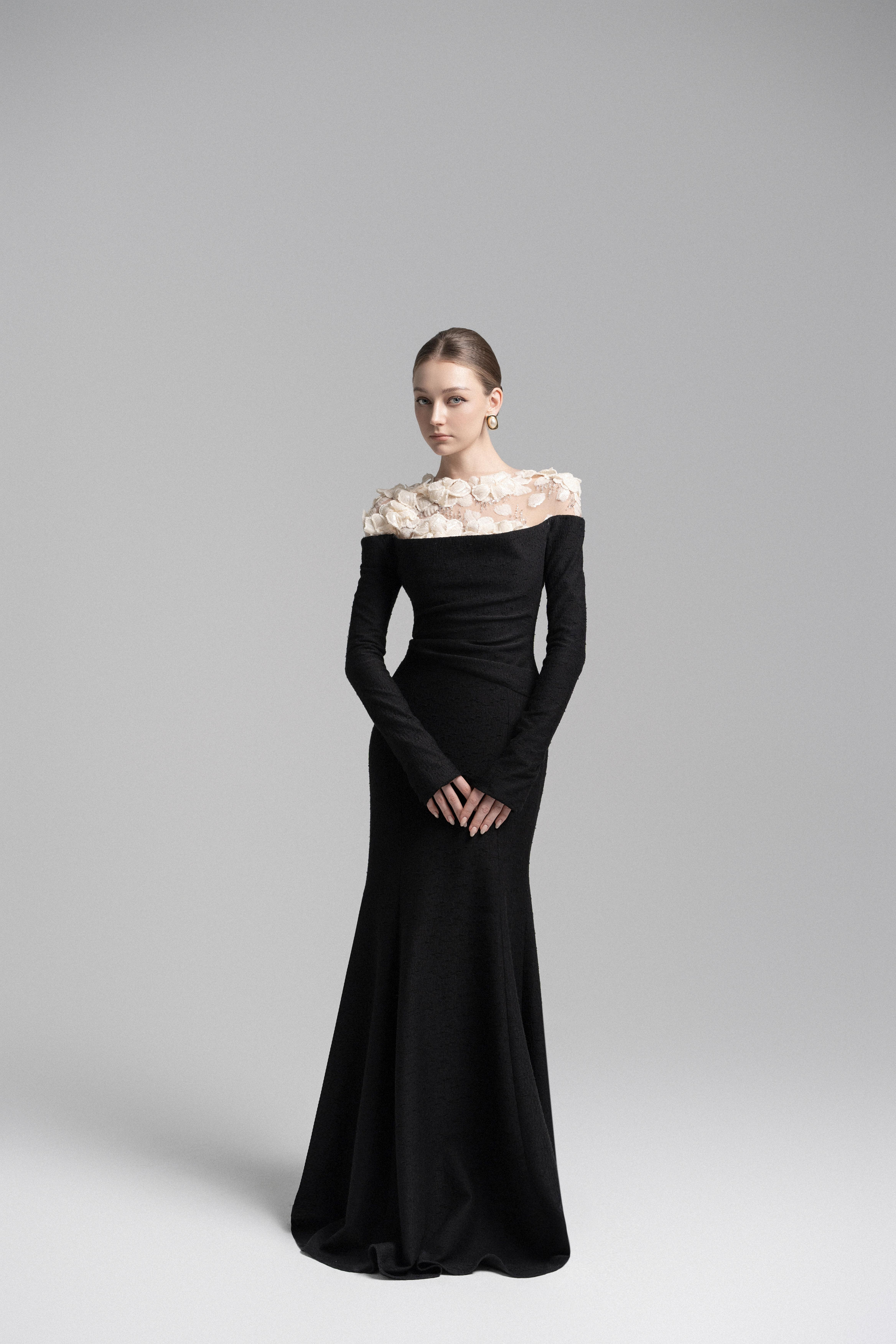Celestia Draped Crystal Midi Dress in Black VL1018