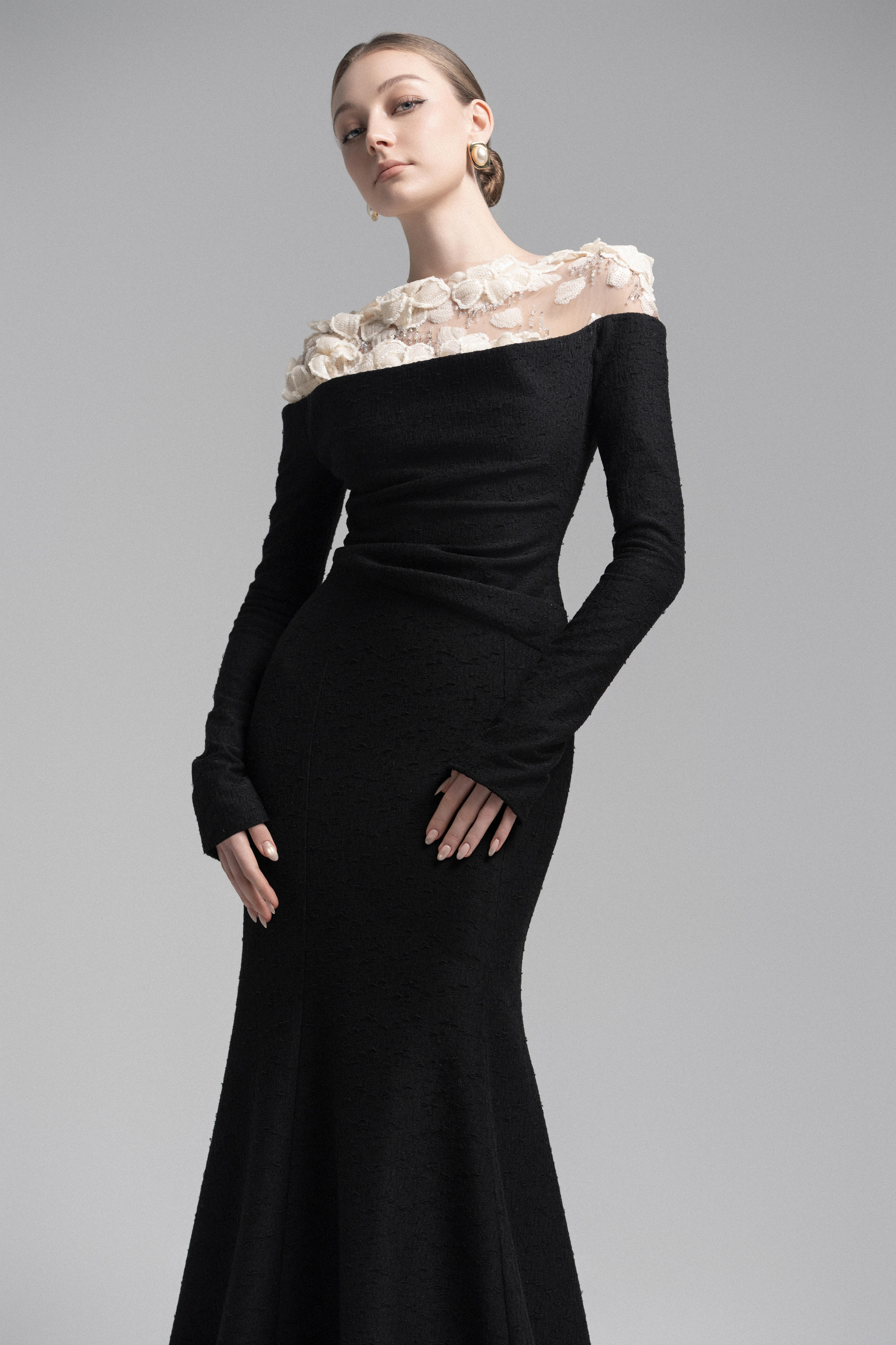 Celestia Draped Crystal Midi Dress in Black VL1018
