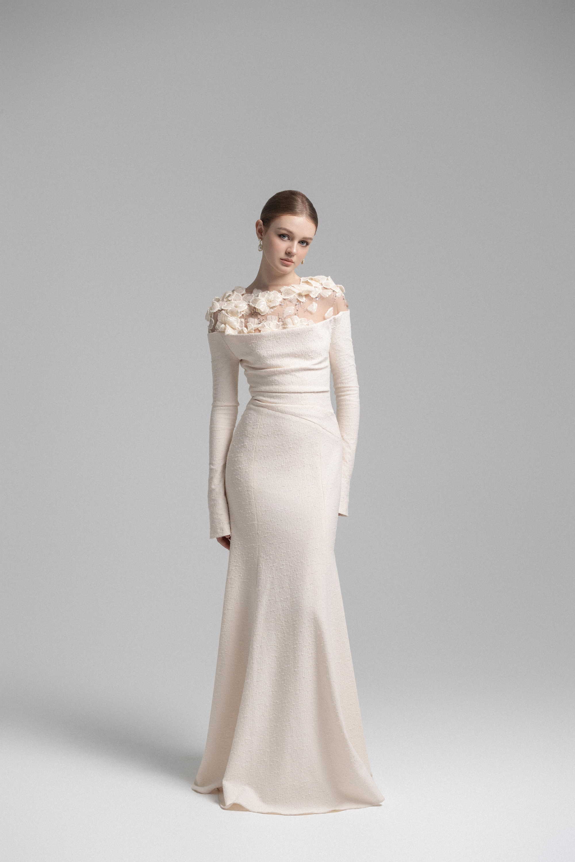 Celestia Draped Crystal Midi Dress in Cream