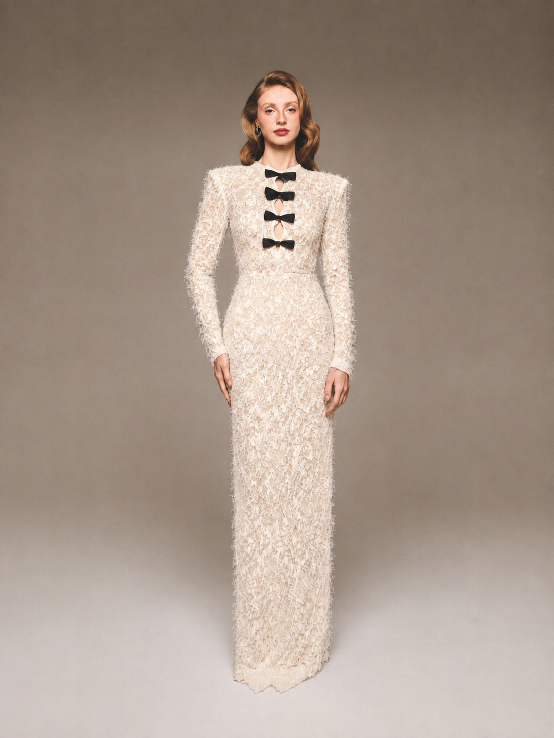 Long Sleeve Lace Column Gown with Keyhole Detail