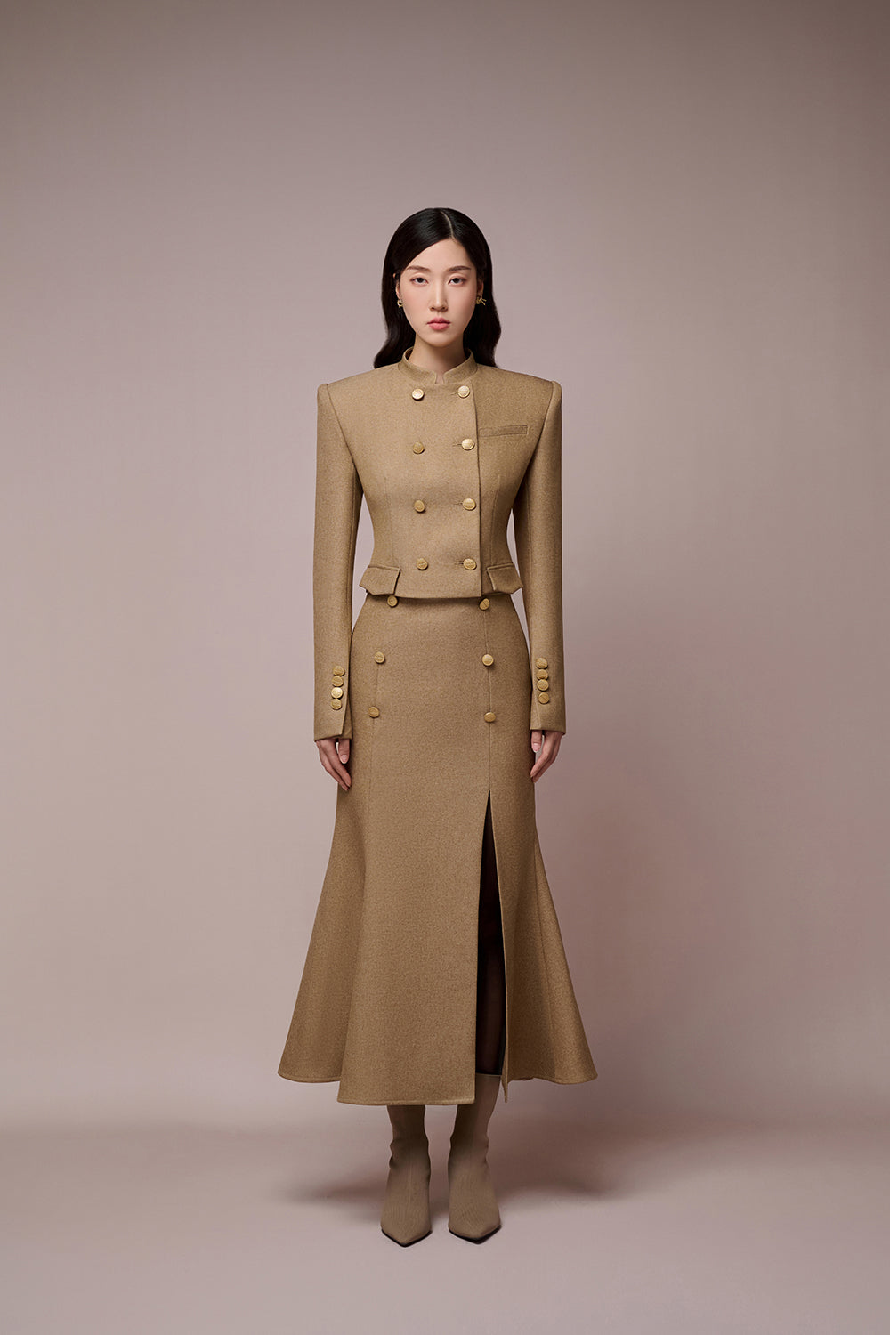Chau Mandarin Collar Croptop Jacket & Chau Slit Fishtail Skirt