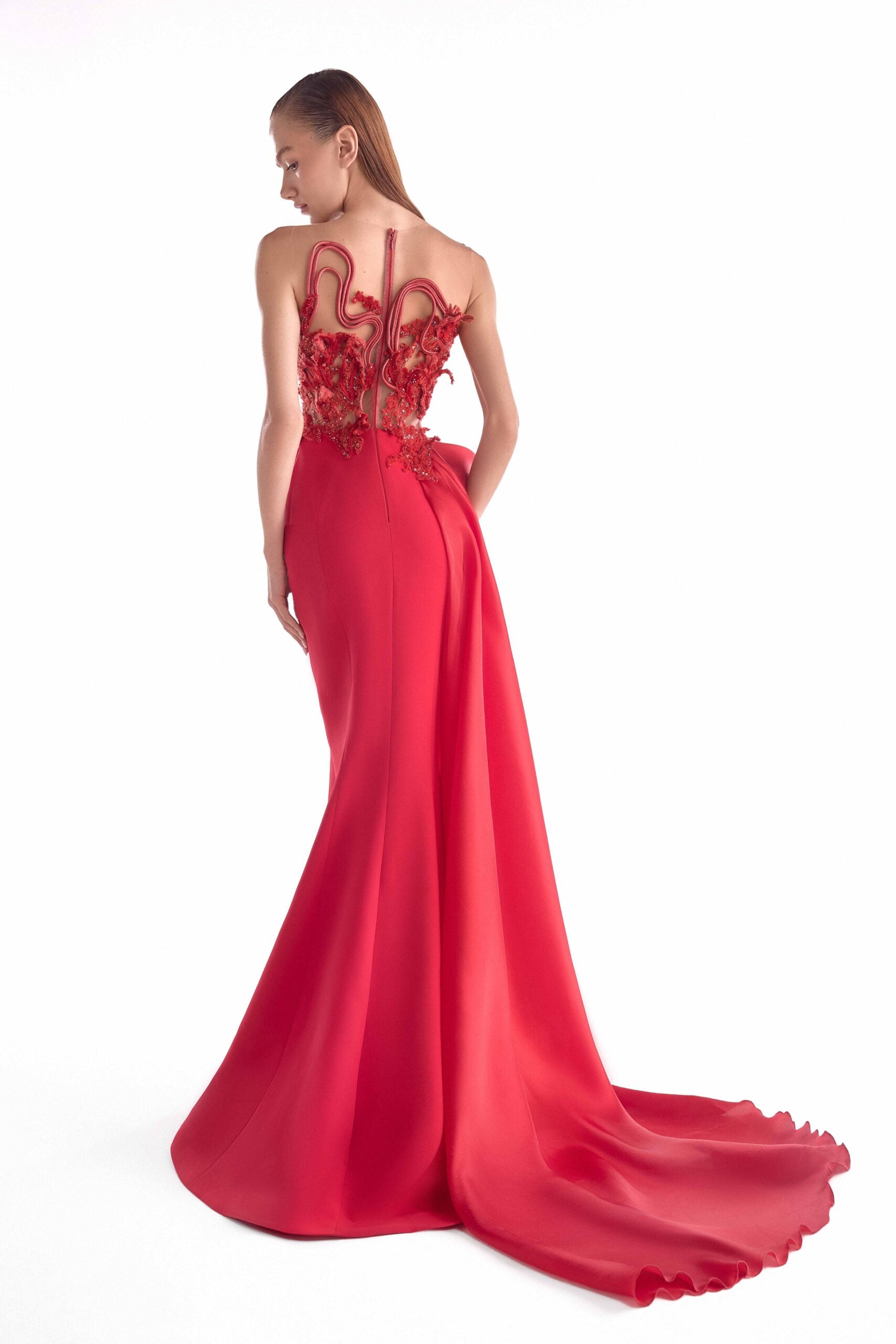 Crimson Corded Reverie, Embroidered Illusion Bodice Mermaid Gown G2133