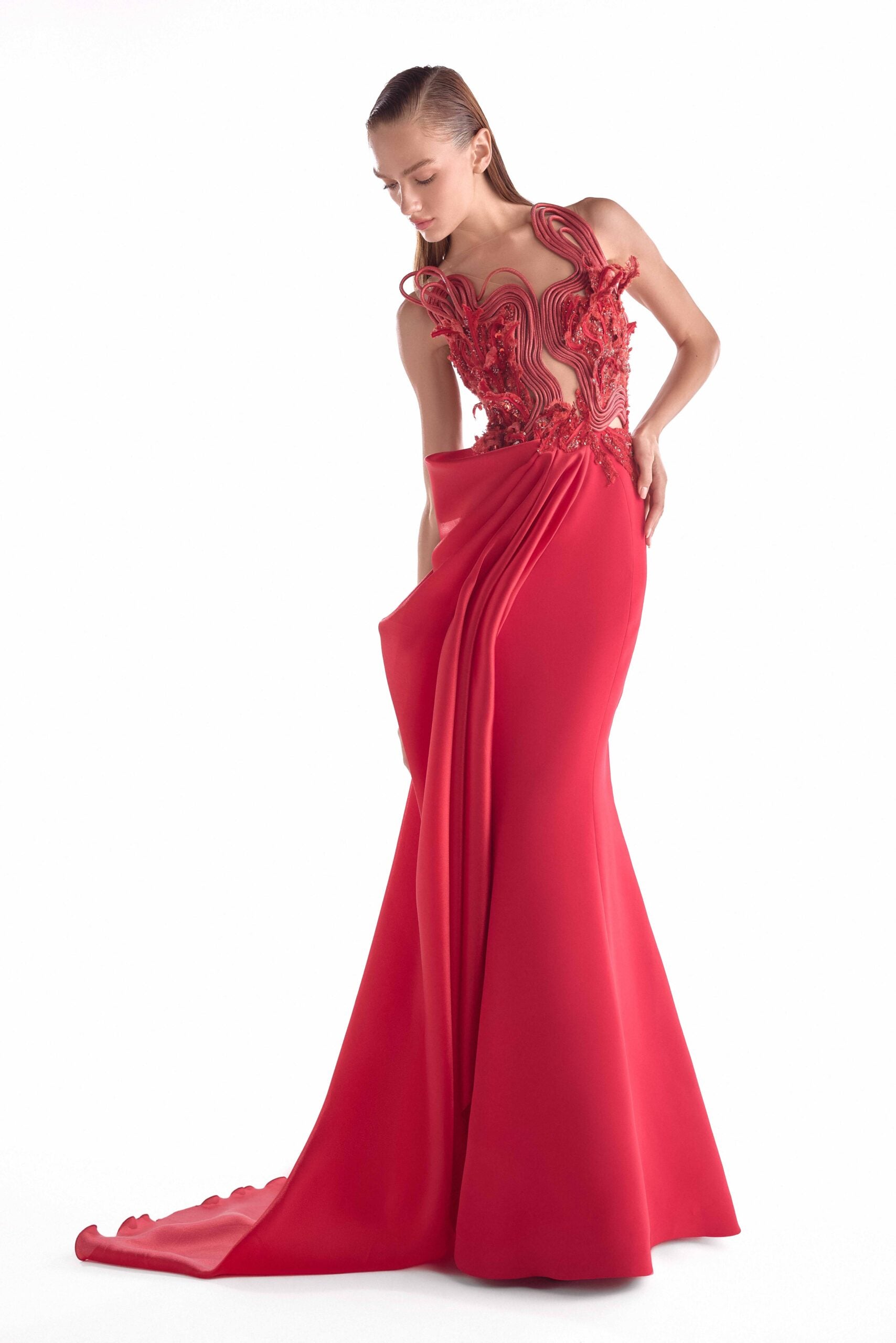 Crimson Corded Reverie, Embroidered Illusion Bodice Mermaid Gown G2133
