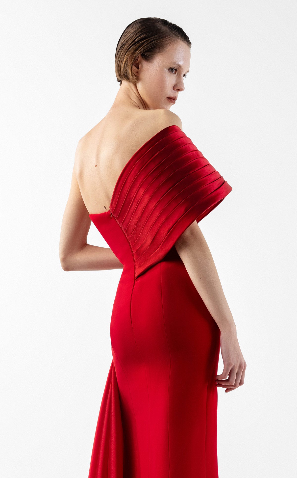 Crimson Gown with Sculpted Organza Off-Shoulder and Beaded Flame Bloom G2040