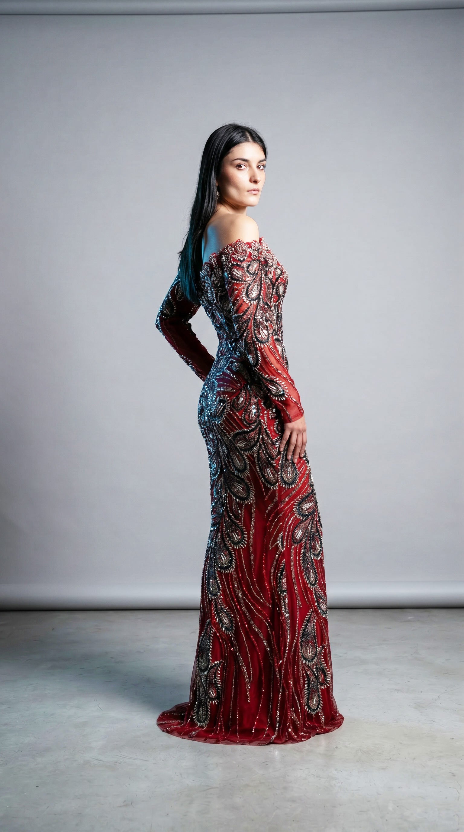 Crimson Majesty Embellished Evening Gown – M1316