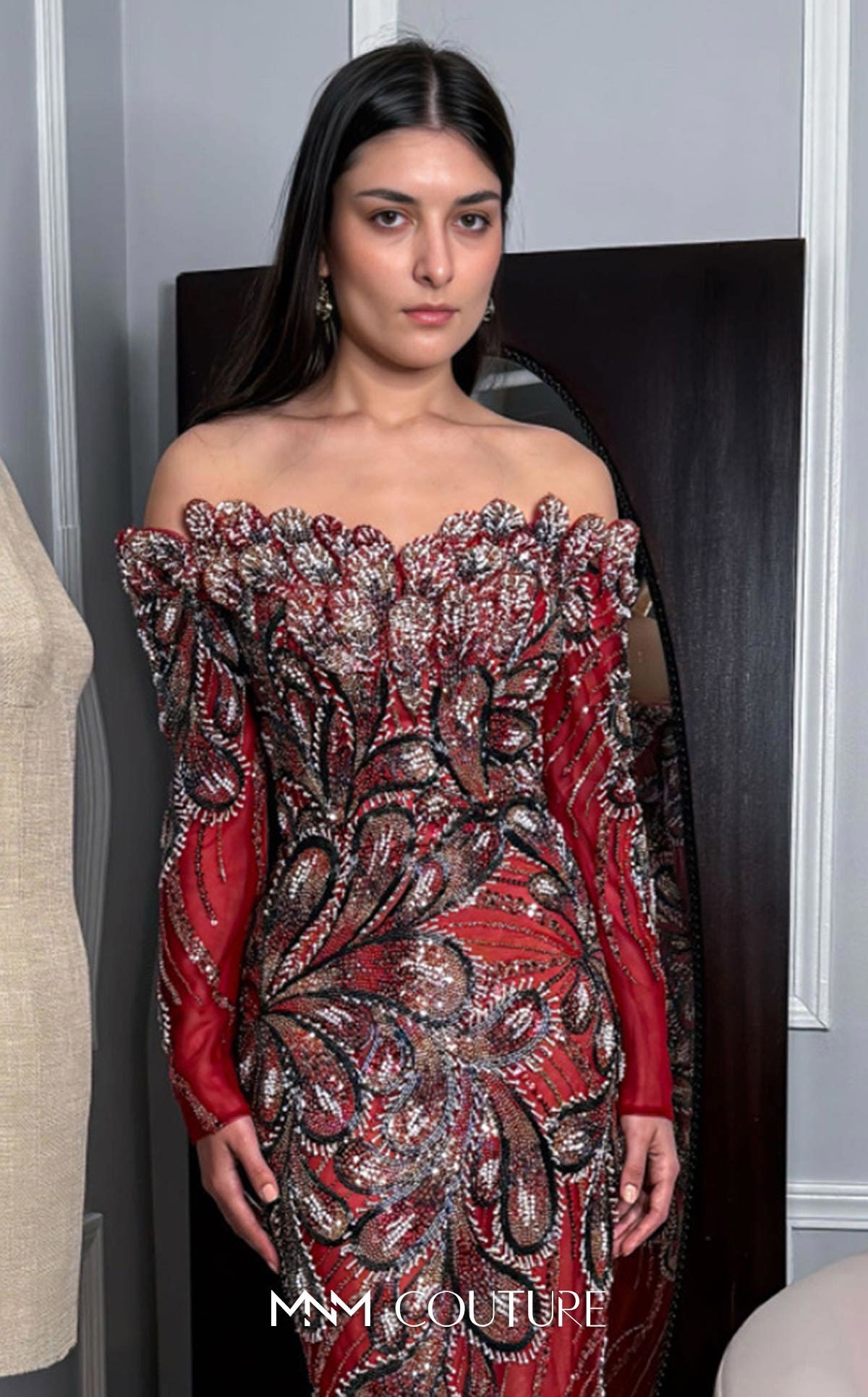 Crimson Majesty Embellished Evening Gown – M1316