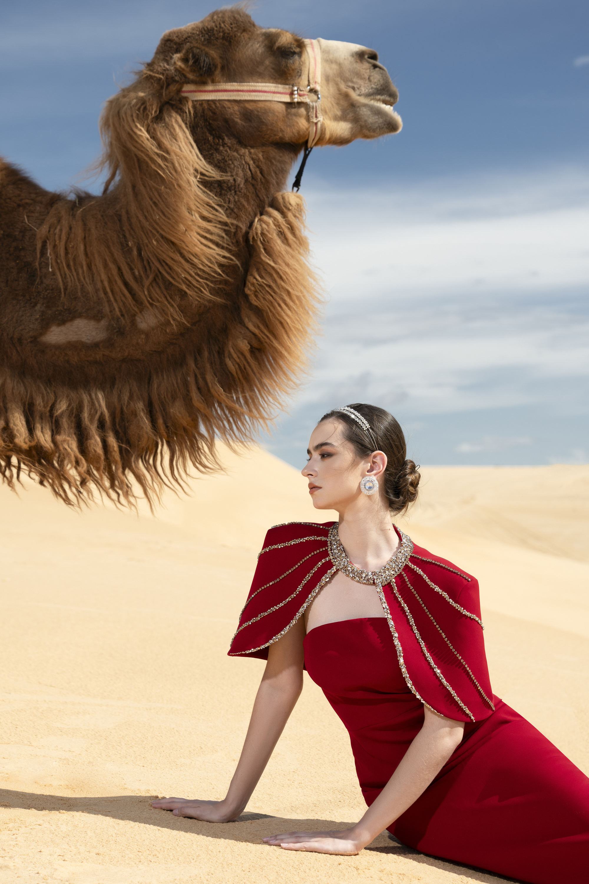 Crystal Cape Red Column Maxi Gown