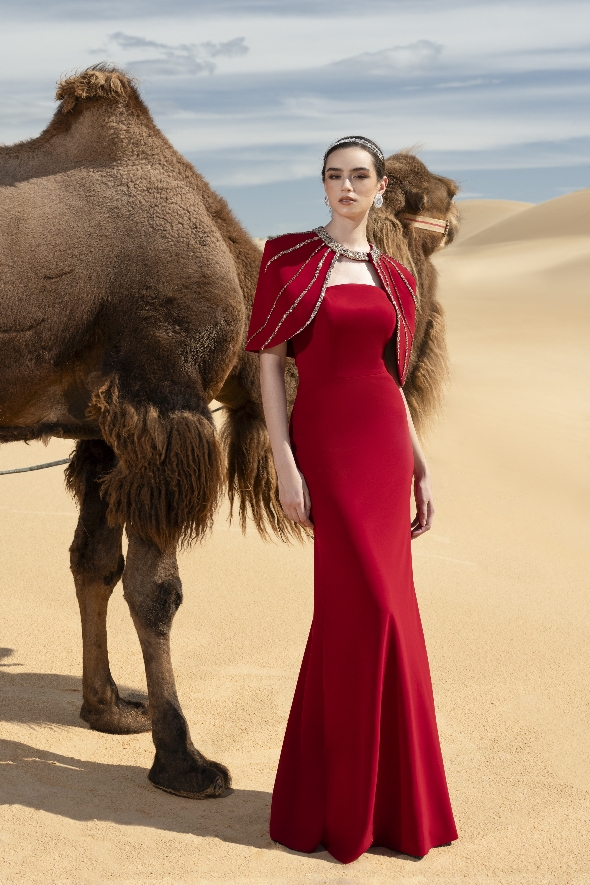 Crystal Cape Red Column Maxi Gown