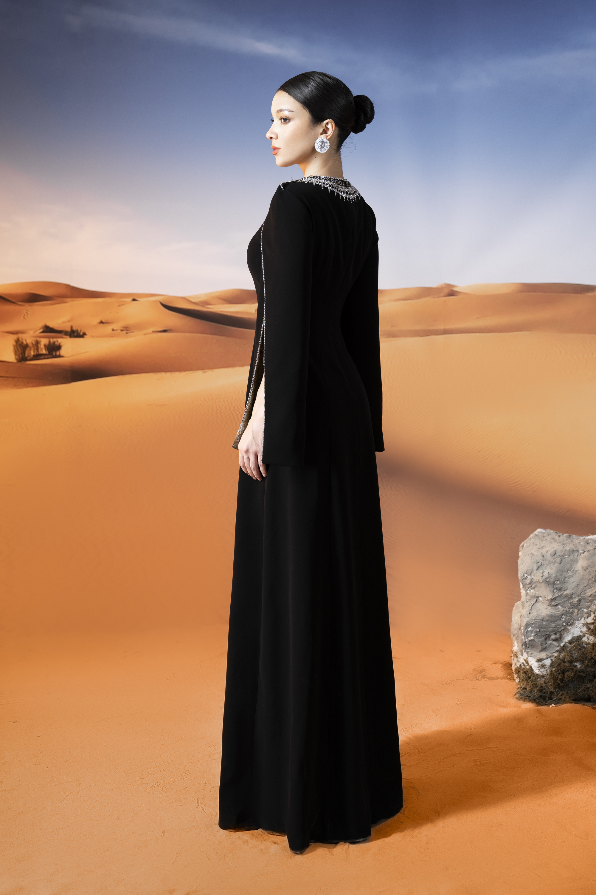 Crystal Collar Black Cape Sleeve Maxi Gown