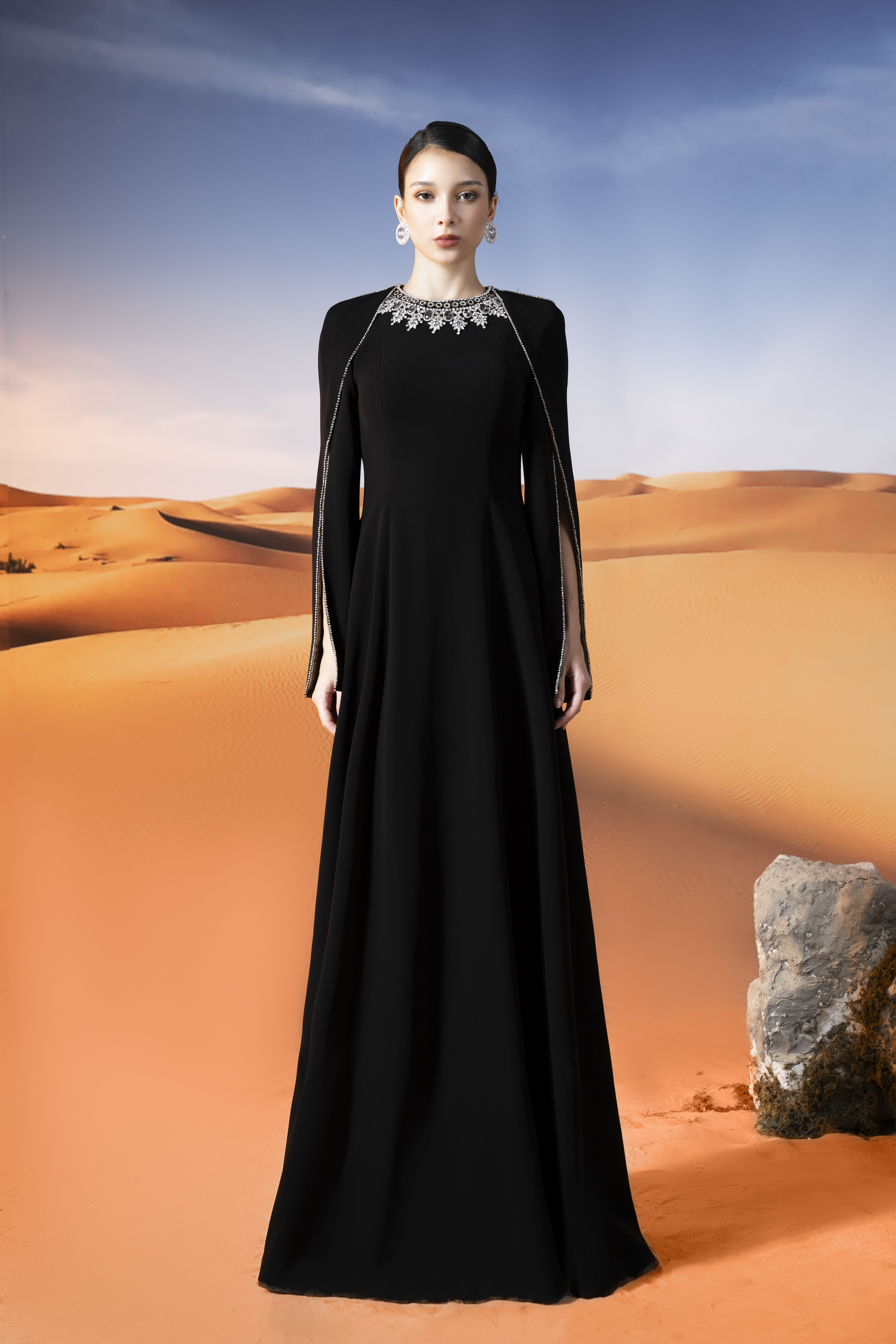 Crystal Collar Black Cape Sleeve Maxi Gown