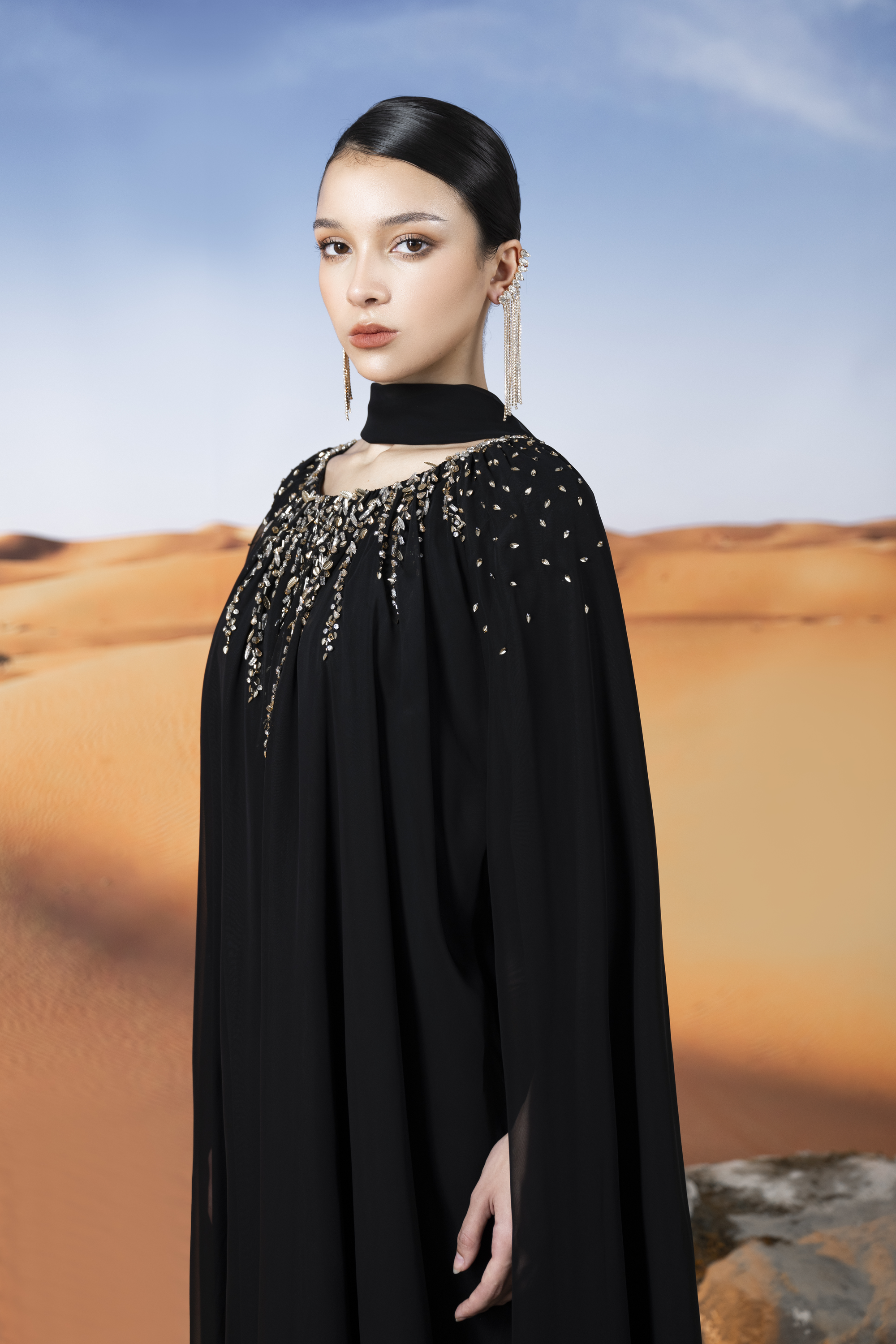 Crystal-Embellished Black Cape Maxi Gown